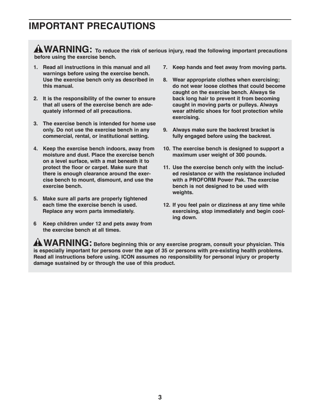 ProForm PFBE1144.0 user manual Important Precautions 