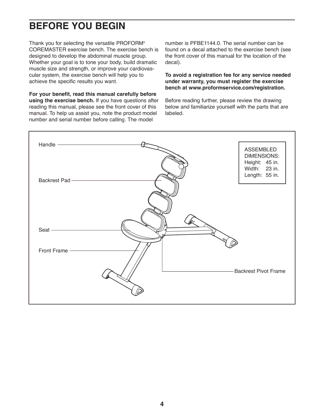 ProForm PFBE1144.0 user manual Before YOU Begin 