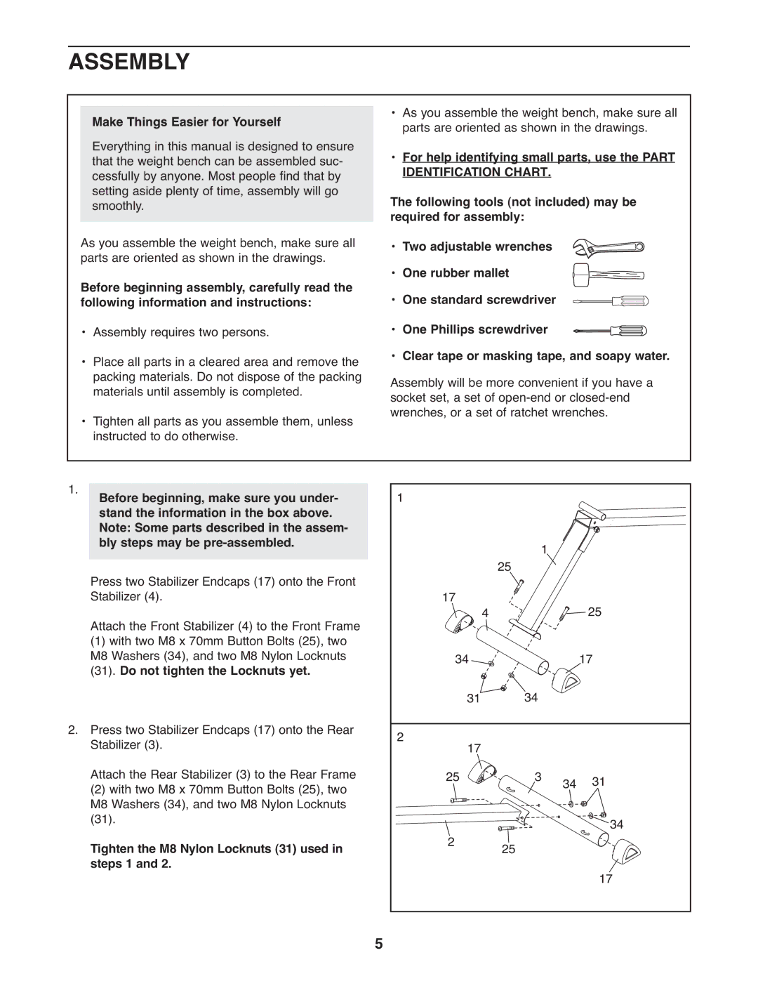 ProForm PFBE1144.0 user manual Assembly, Make Things Easier for Yourself, Do not tighten the Locknuts yet 