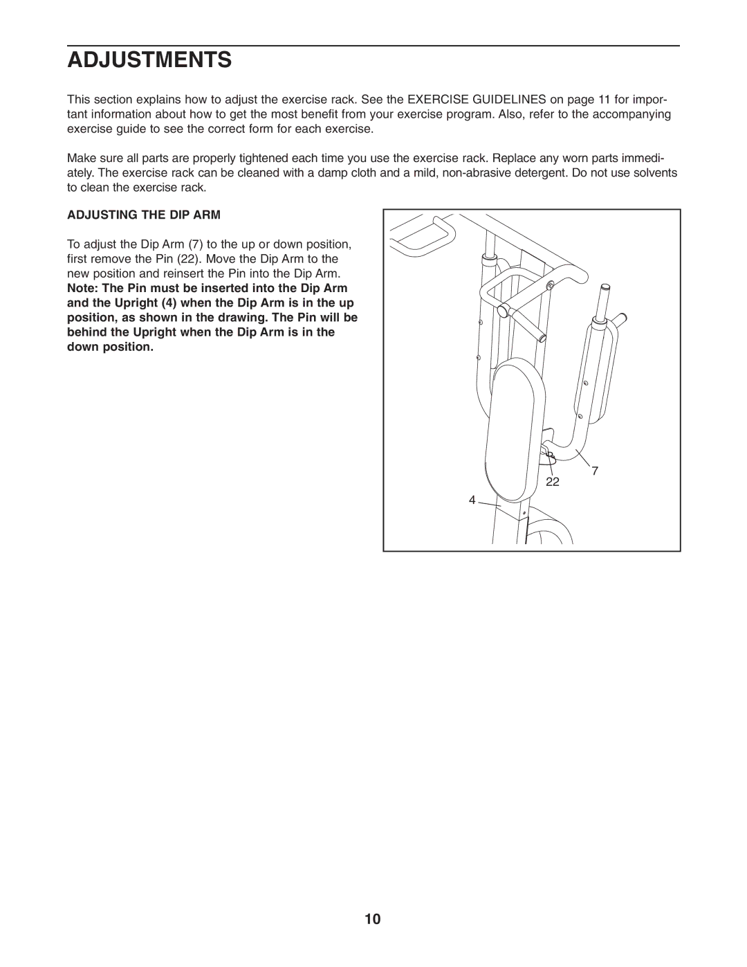 ProForm PFBE1416.0 user manual Adjustments, Adjusting the DIP ARM 