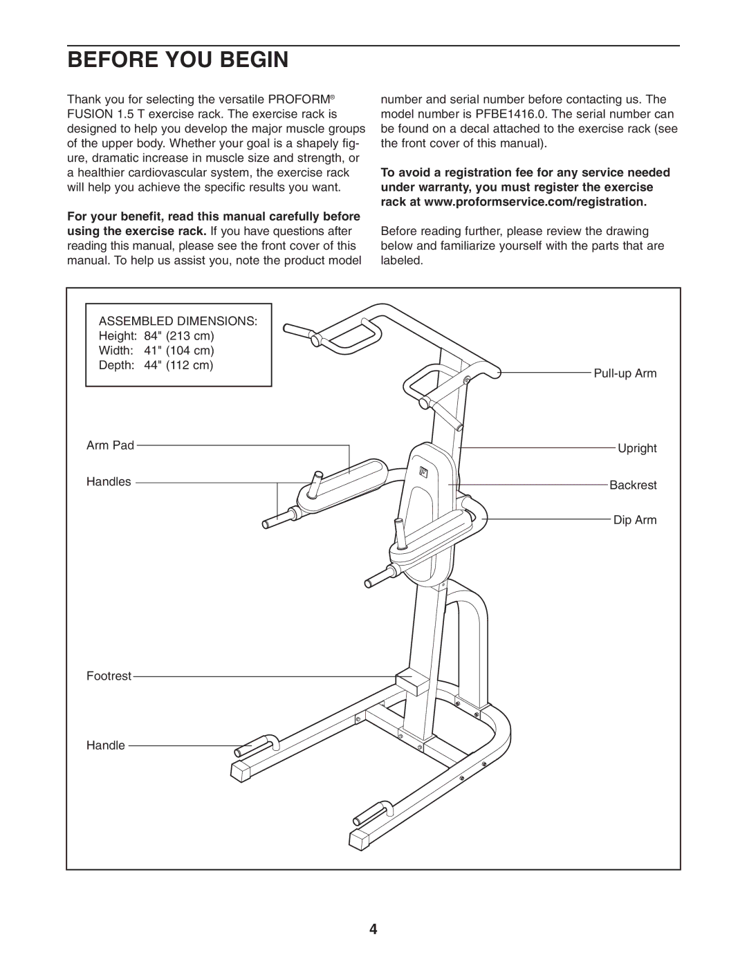 ProForm PFBE1416.0 user manual Before YOU Begin, Assembled Dimensions 