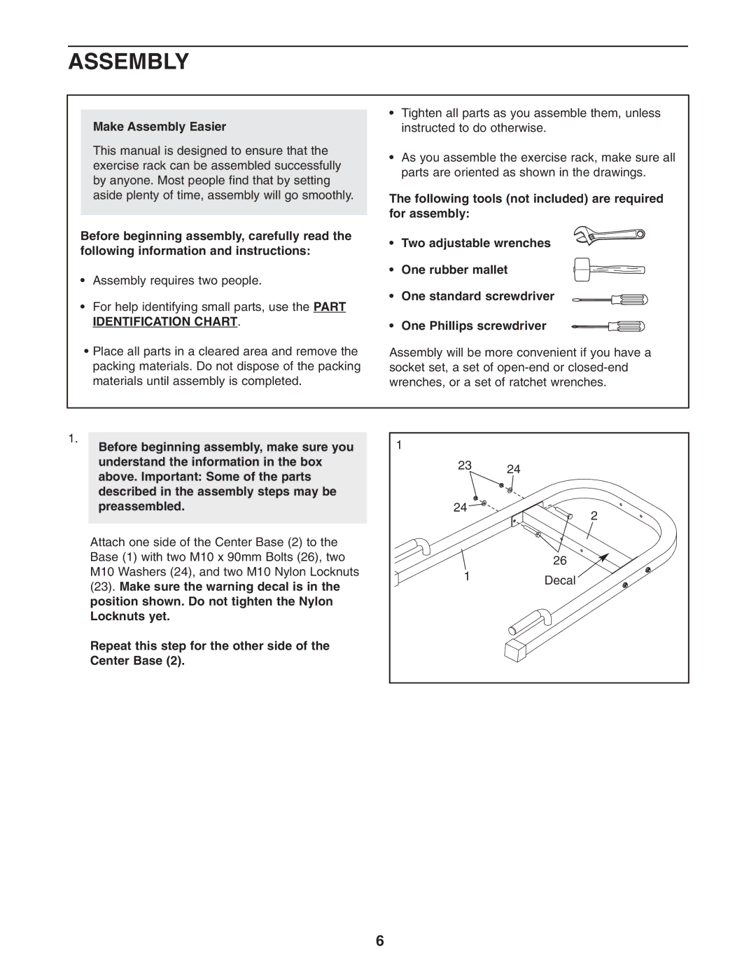 ProForm PFBE1416.0 user manual Make Assembly Easier, Make sure the warning decal is 