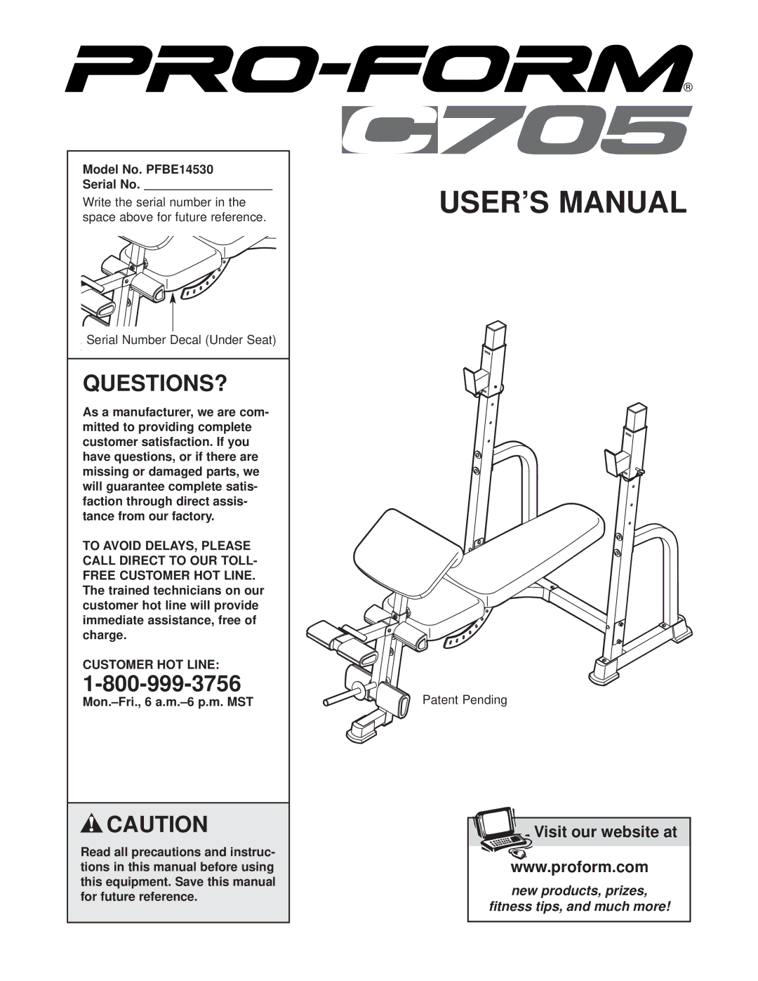 ProForm user manual Questions?, Model No. PFBE14530 Serial No, Customer HOT Line 