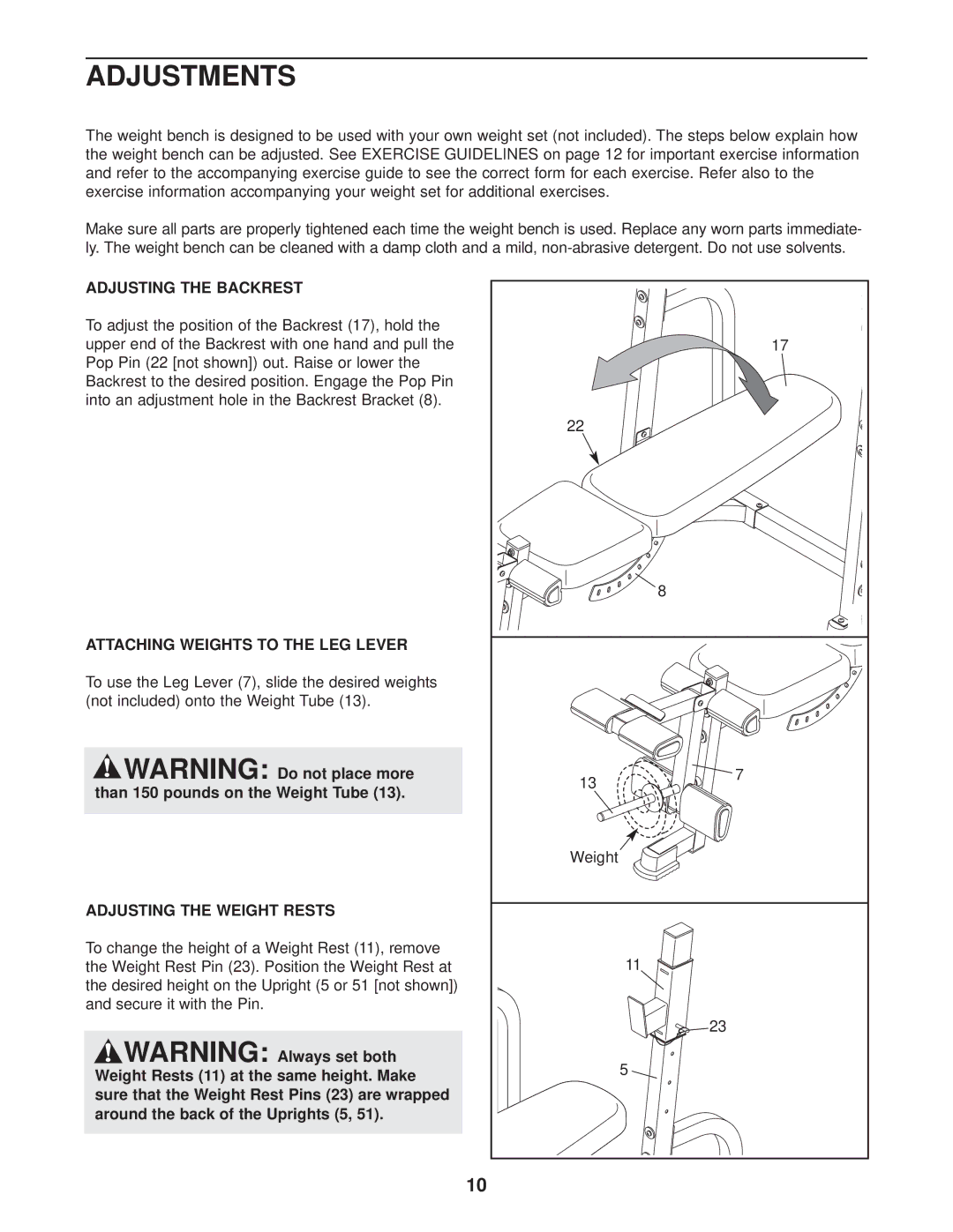 ProForm PFBE14530 Adjustments, Adjusting the Backrest, Attaching Weights to the LEG Lever, Adjusting the Weight Rests 