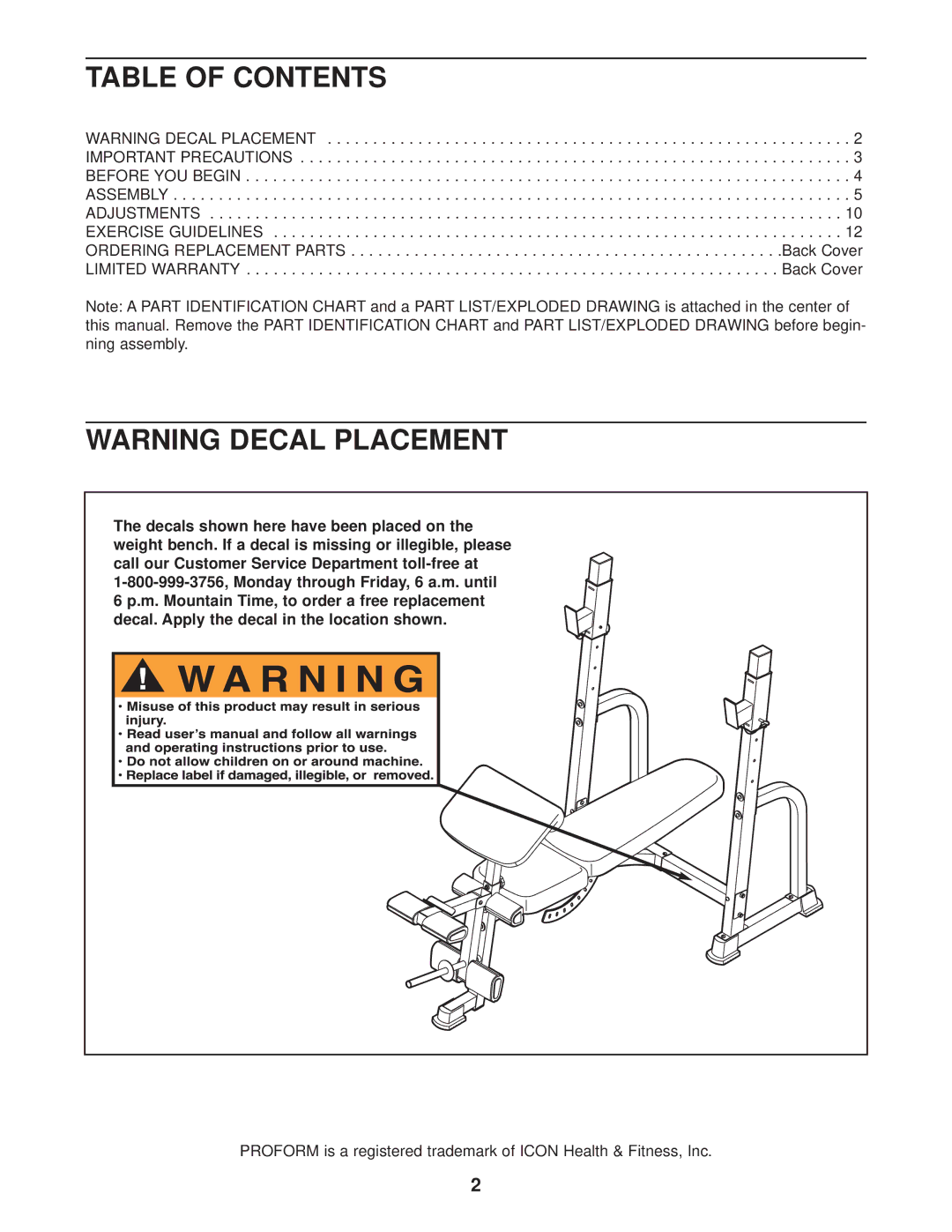 ProForm PFBE14530 user manual Table of Contents 