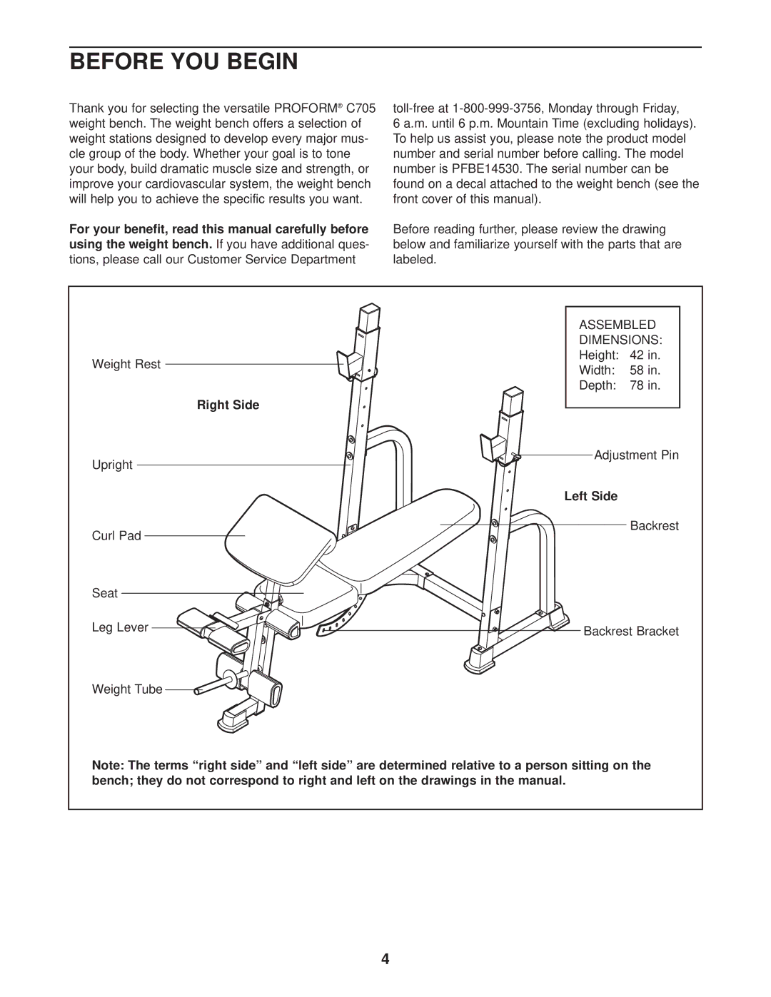 ProForm PFBE14530 user manual Before YOU Begin, Right Side, Left Side 