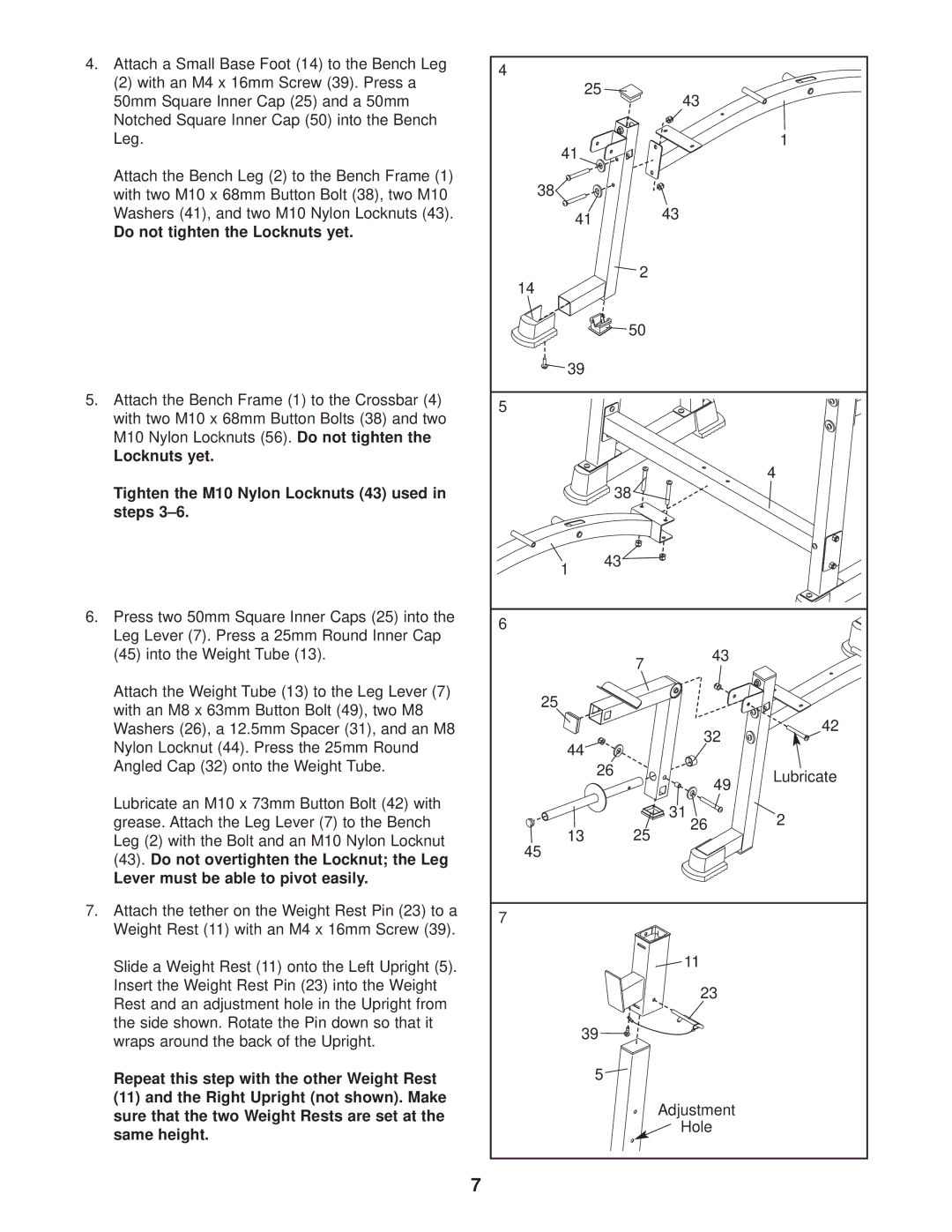 ProForm PFBE14530 user manual Do not tighten the Locknuts yet, Lever must be able to pivot easily 