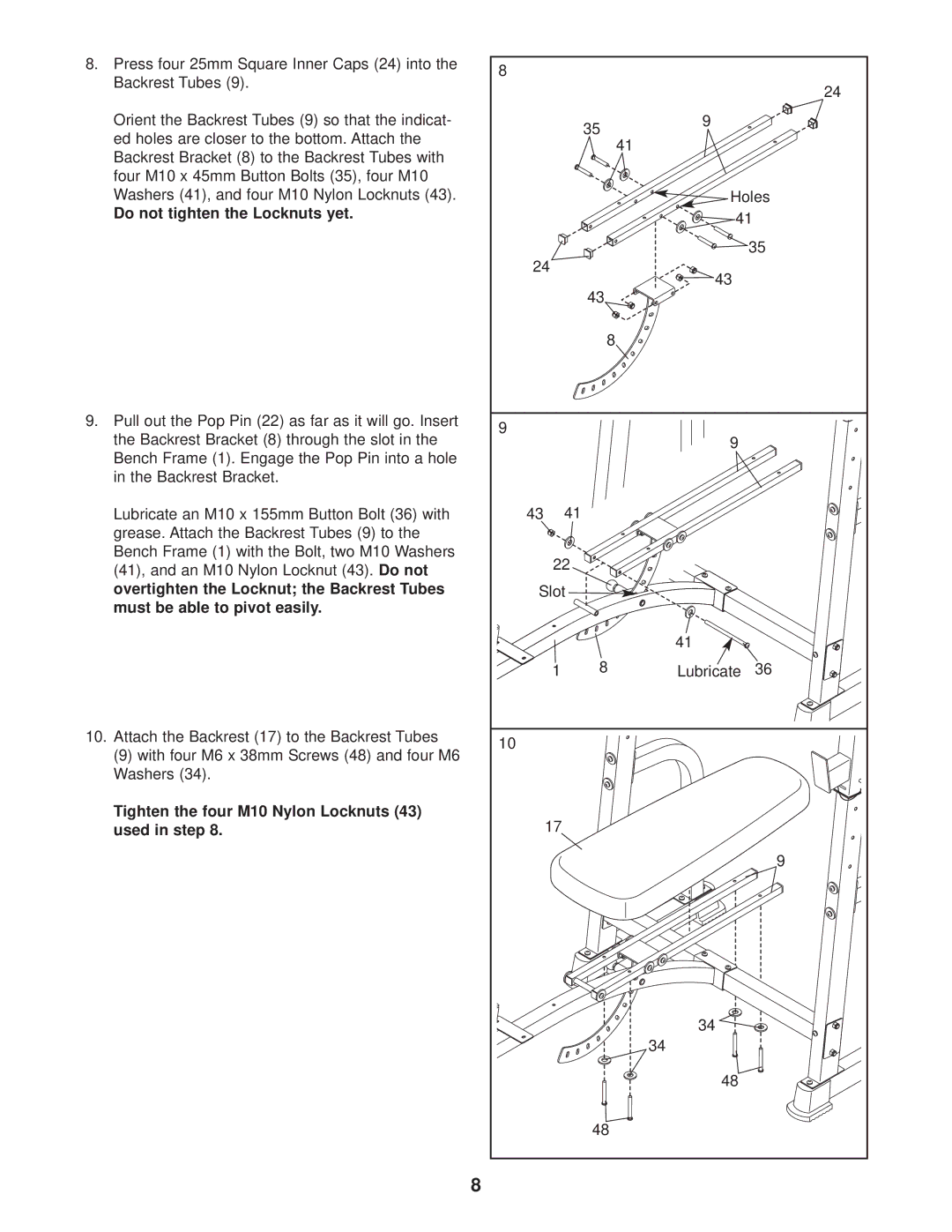 ProForm PFBE14530 user manual Tighten the four M10 Nylon Locknuts 43 used in step 