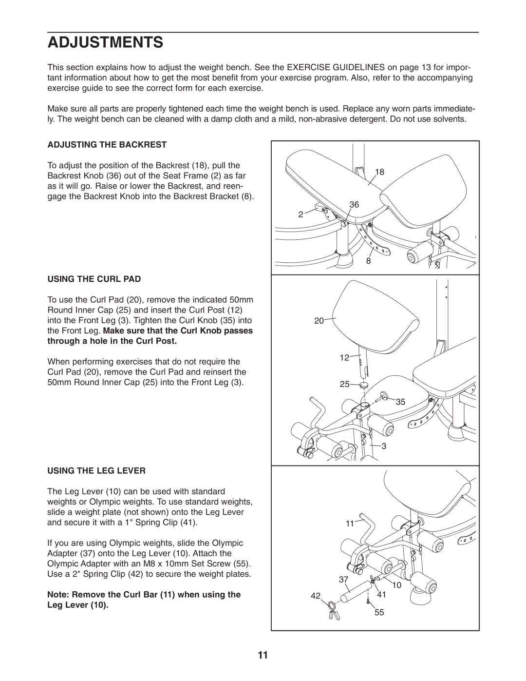 ProForm PFBE1516.0 user manual Adjustments, Adjusting the Backrest, Using the Curl PAD, Using the LEG Lever 