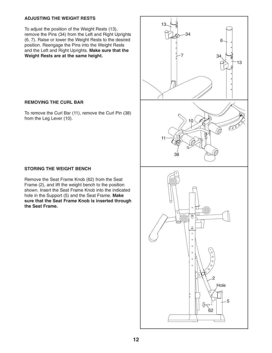 ProForm PFBE1516.0 user manual Adjusting the Weight Rests, Weight Rests are at the same height, Removing the Curl BAR 