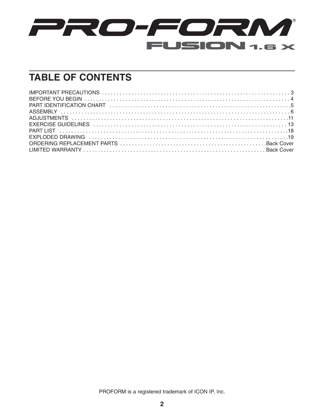 ProForm PFBE1516.0 user manual Table of Contents 