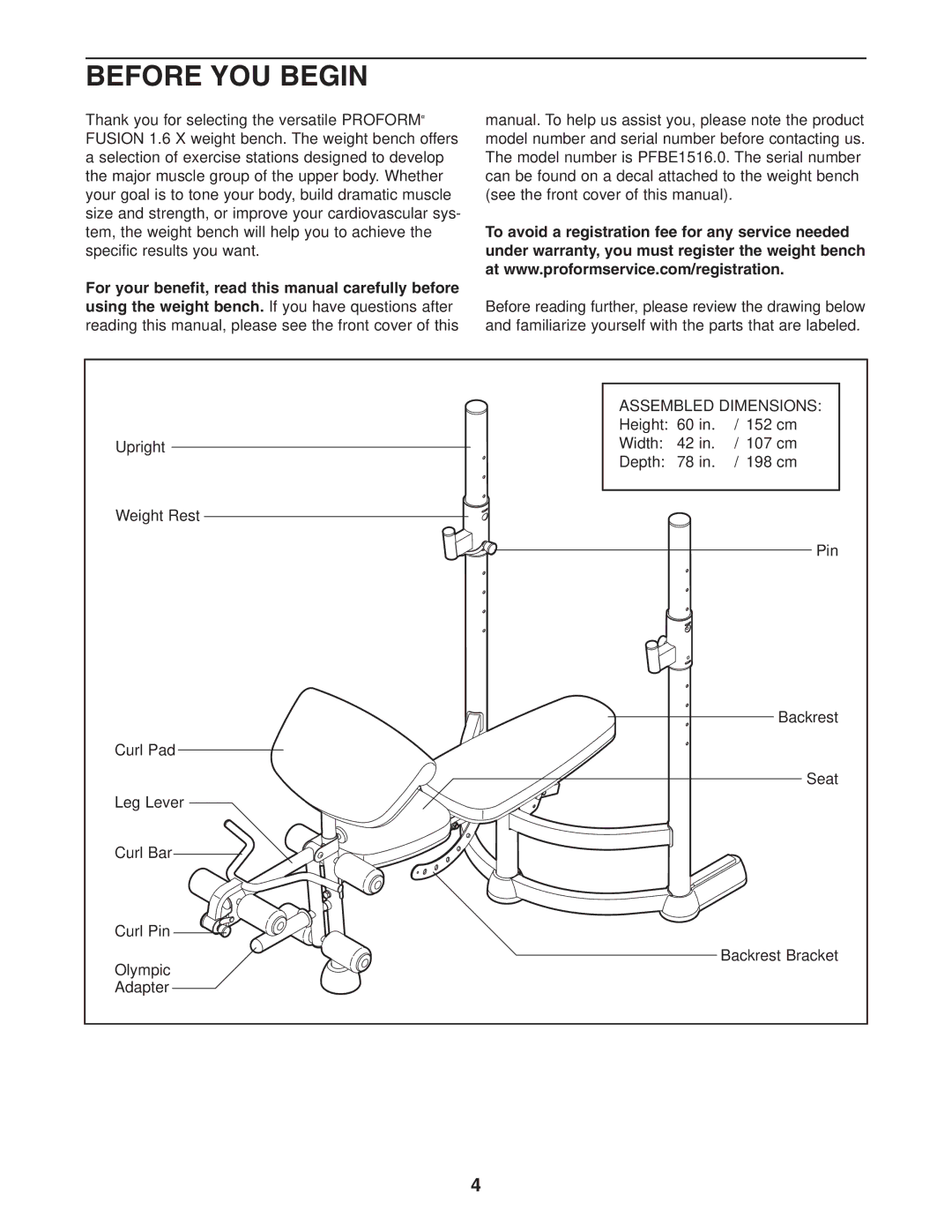 ProForm PFBE1516.0 user manual Before YOU Begin, Assembled Dimensions 