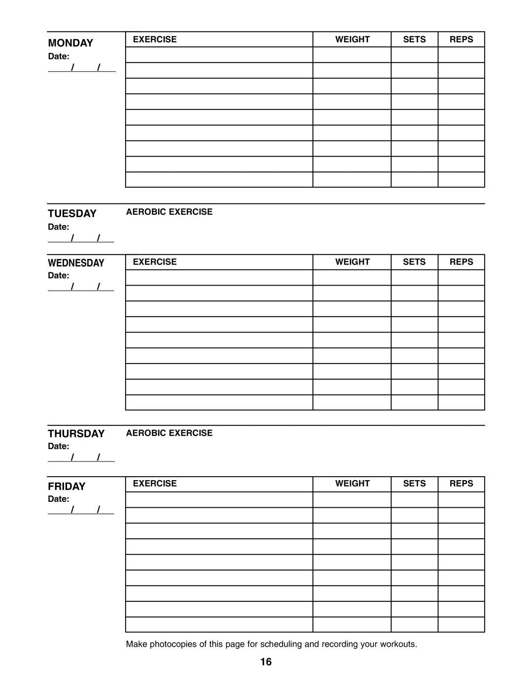 ProForm PFBE1816.0 user manual Monday 