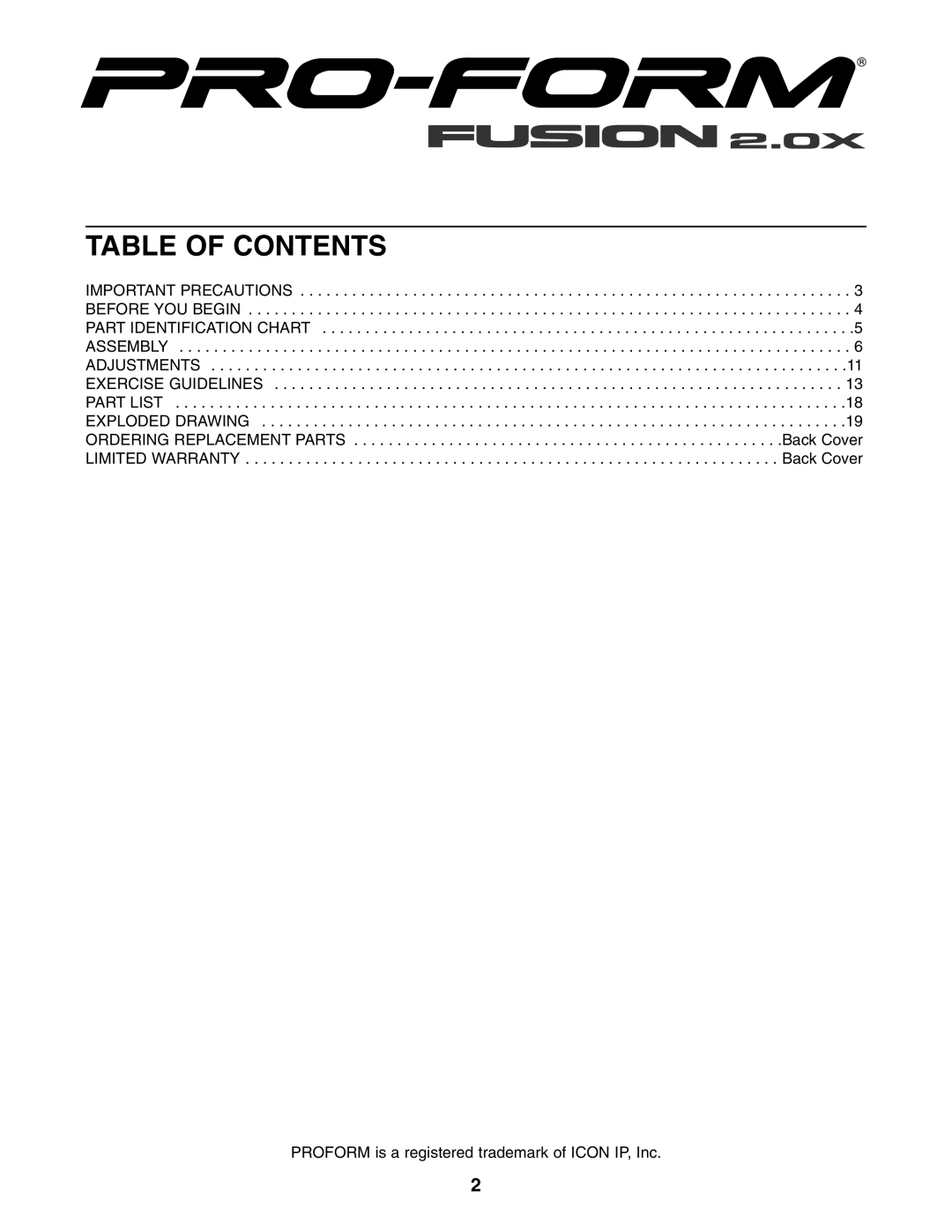 ProForm PFBE1816.0 user manual Table of Contents 