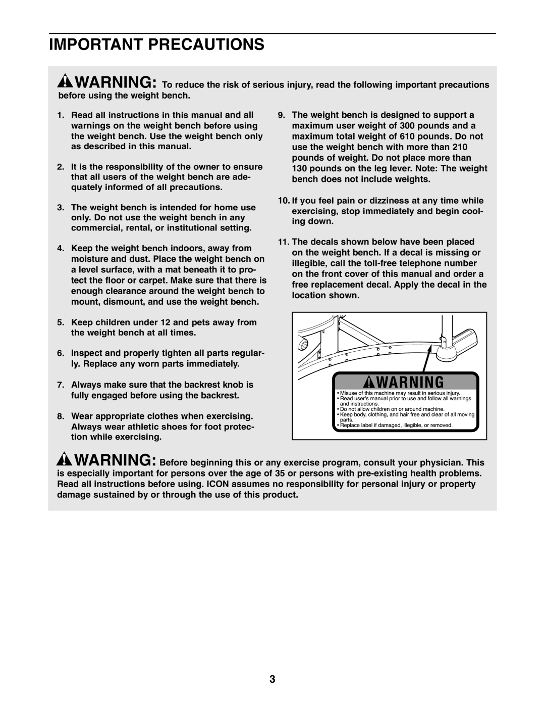 ProForm PFBE1816.0 user manual Important Precautions 