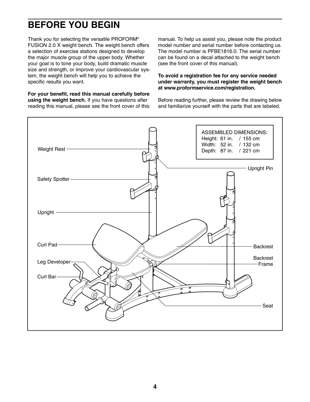 ProForm PFBE1816.0 user manual Before YOU Begin, Assembled Dimensions 