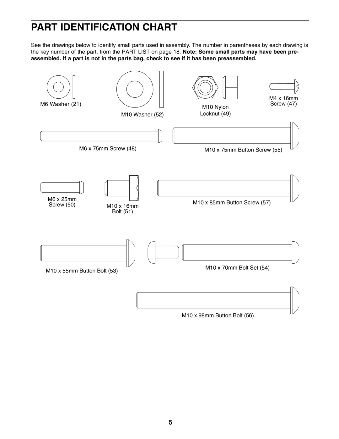 ProForm PFBE1816.0 user manual Part Identification Chart 