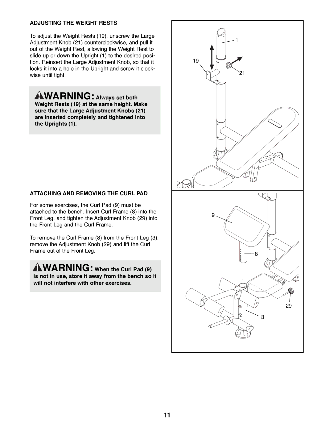 ProForm PFBE19000 manual Adjusting the Weight Rests, Attaching and Removing the Curl PAD 