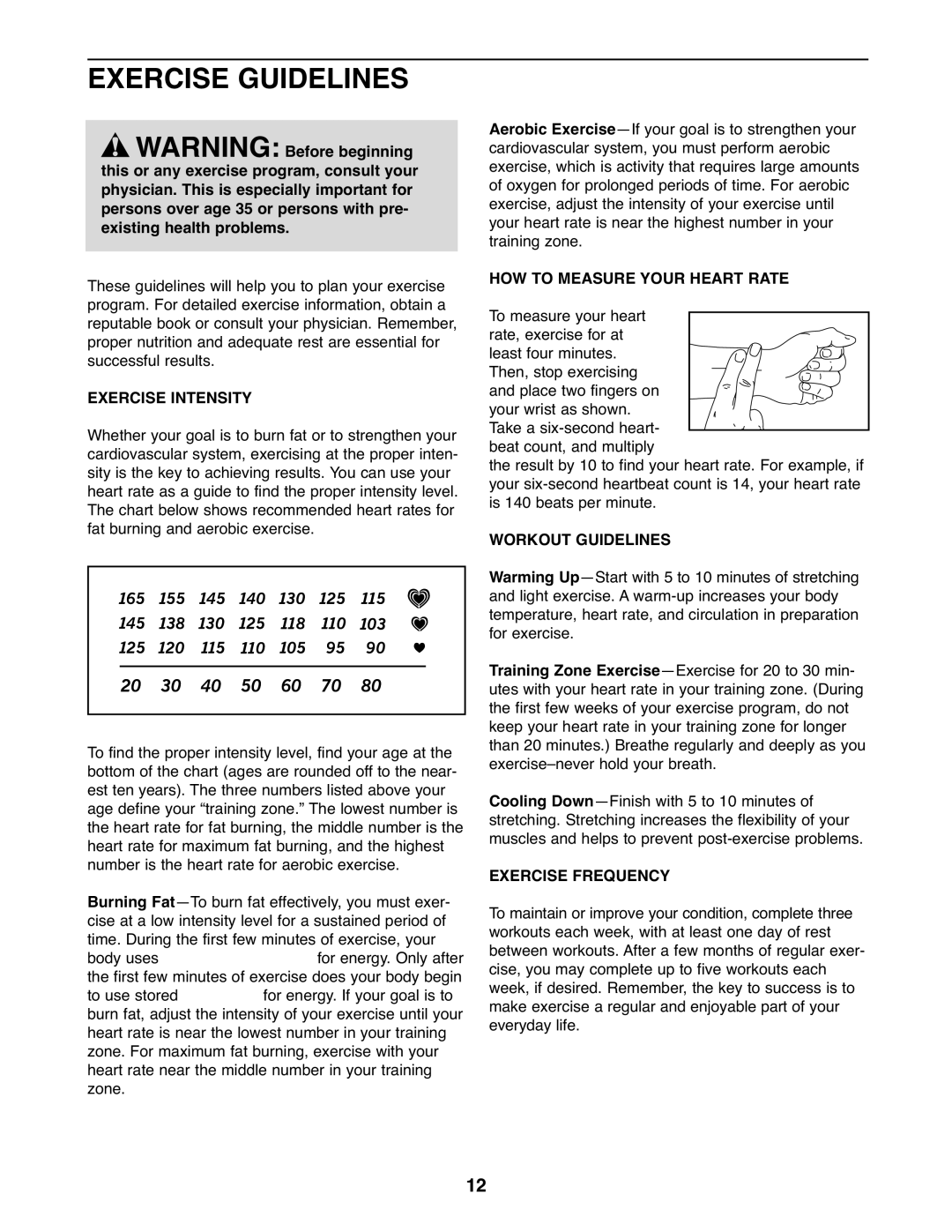 ProForm PFBE19610.3 user manual Exercise Guidelines, Exercise Intensity, HOW to Measure Your Heart Rate, Workout Guidelines 