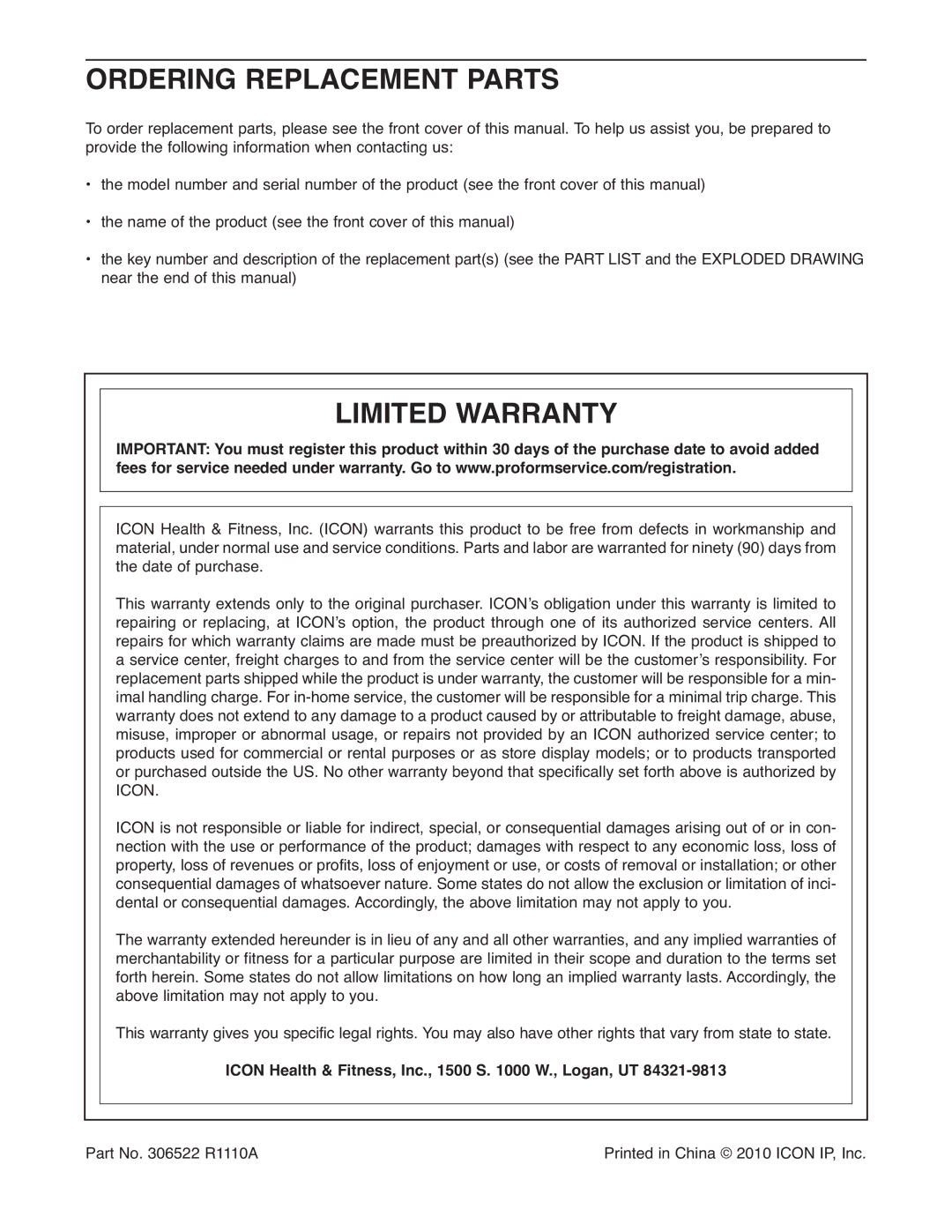 ProForm PFBE19610.3 Ordering Replacement Parts, Limited Warranty, Icon Health & Fitness, Inc., 1500 S W., Logan, UT 