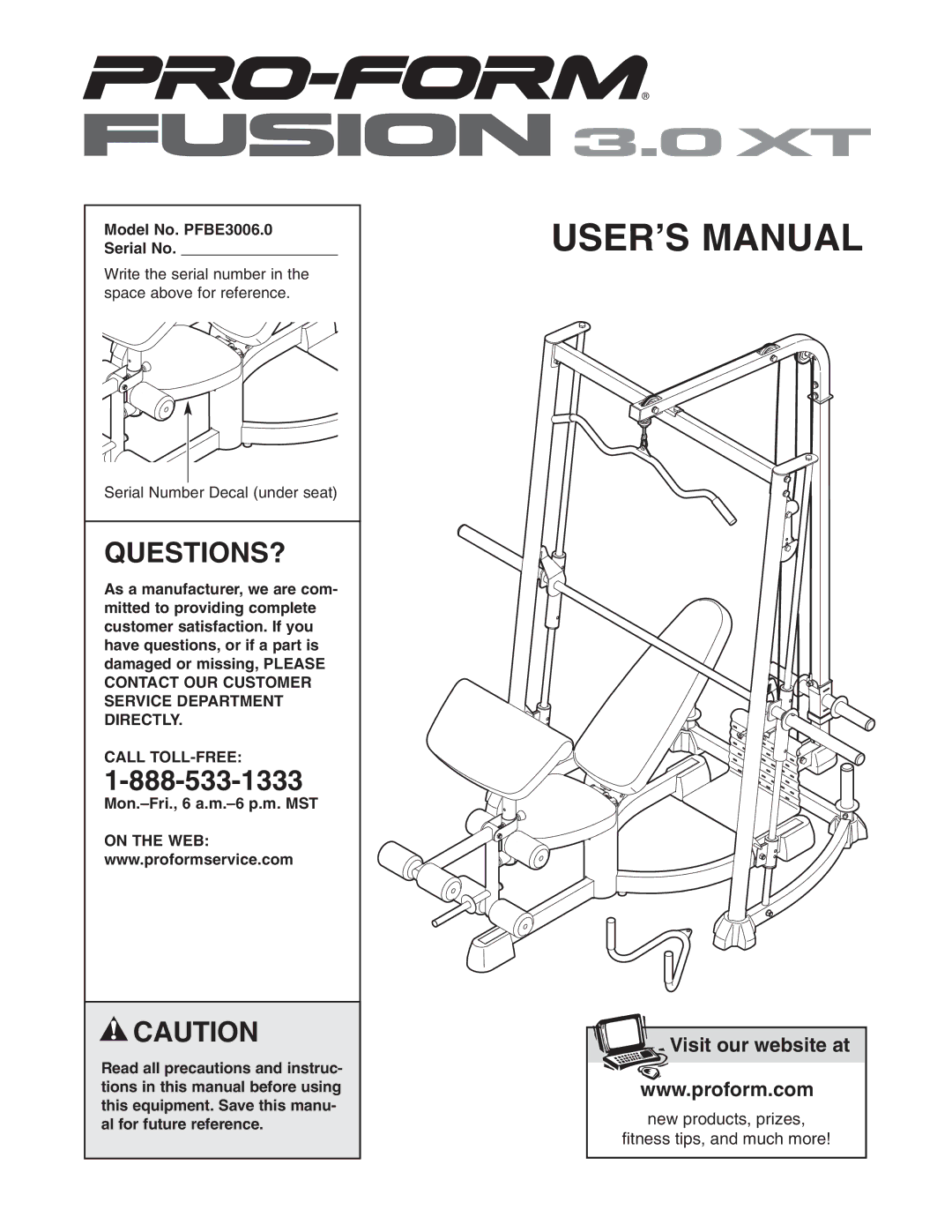 ProForm user manual Questions?, Model No. PFBE3006.0 Serial No, Call TOLL-FREE 