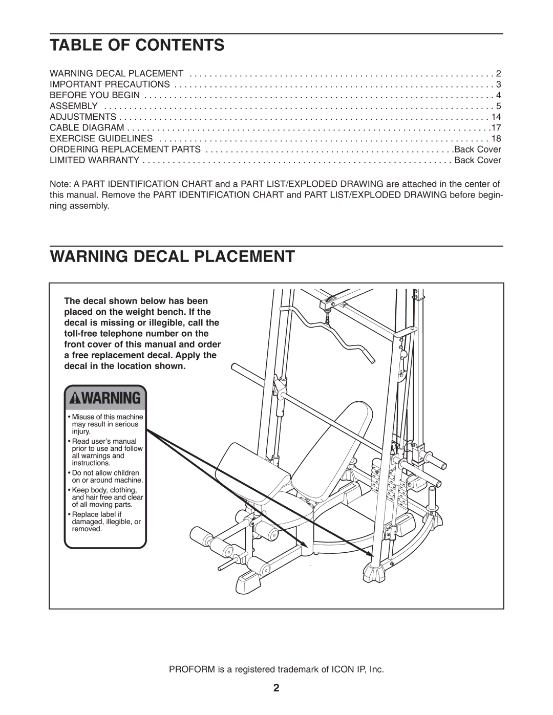 ProForm PFBE3006.0 user manual Table of Contents 