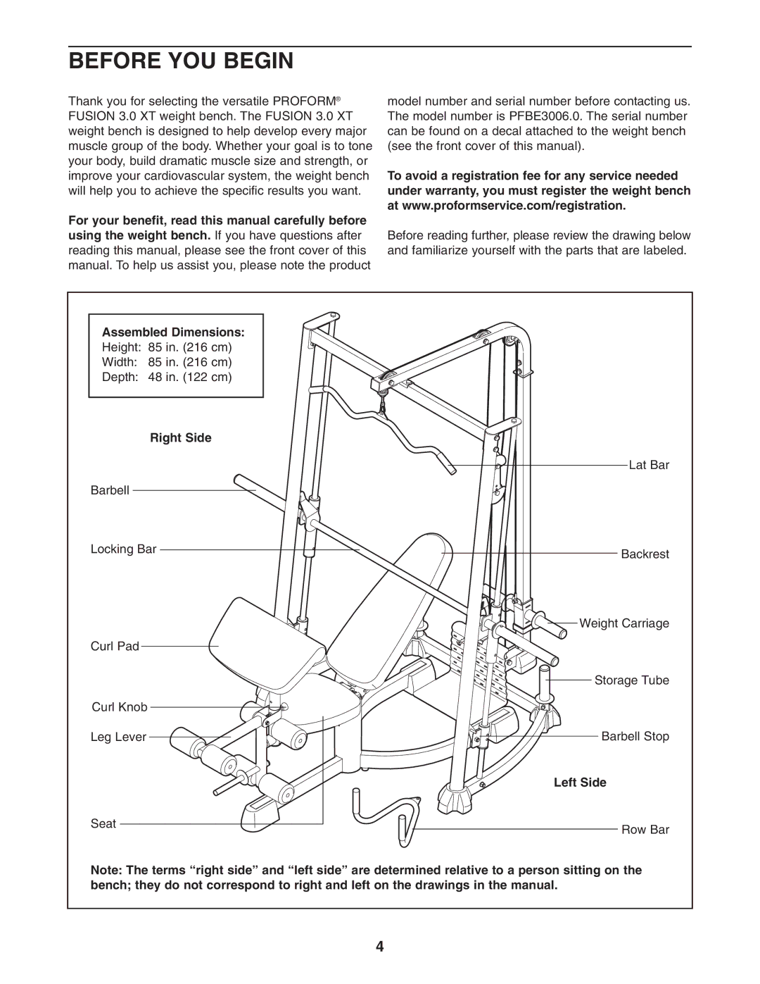 ProForm PFBE3006.0 user manual Before YOU Begin, Assembled Dimensions, Right Side, Left Side 