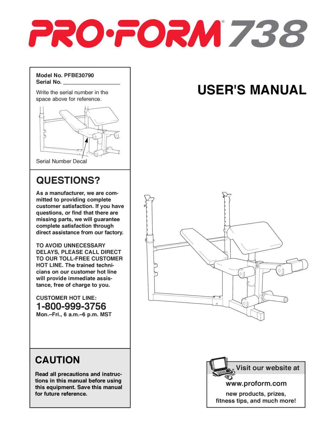 ProForm user manual Questions?, Model No. PFBE30790 Serial No, Customer HOT Line 