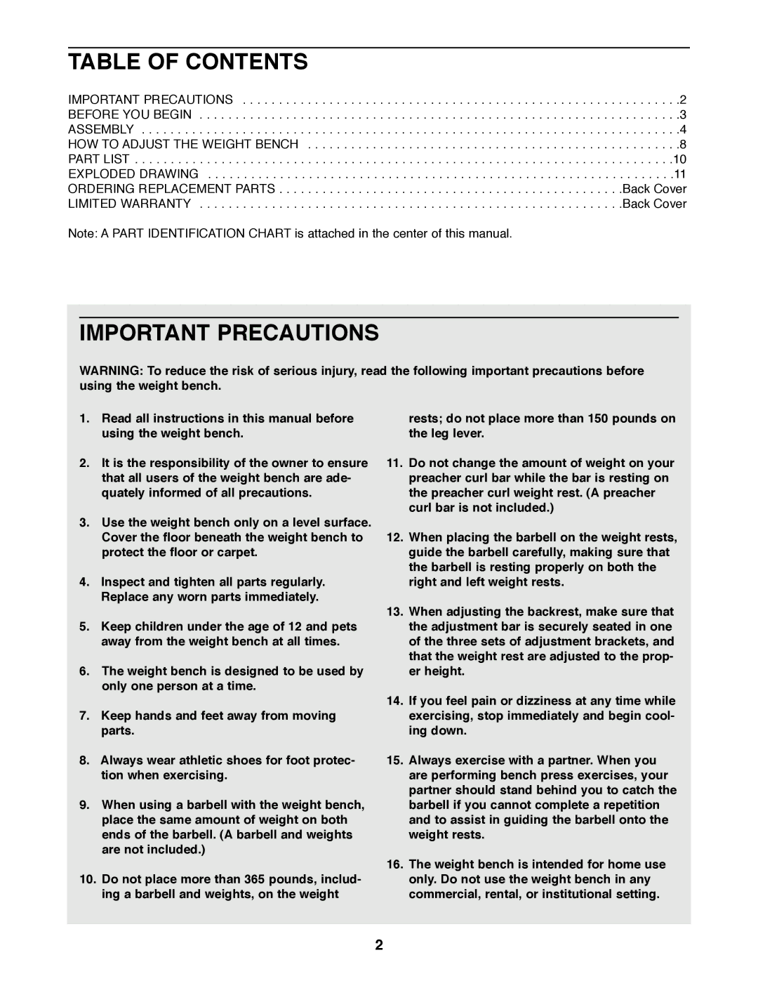 ProForm PFBE30790 user manual Table of Contents, Important Precautions 