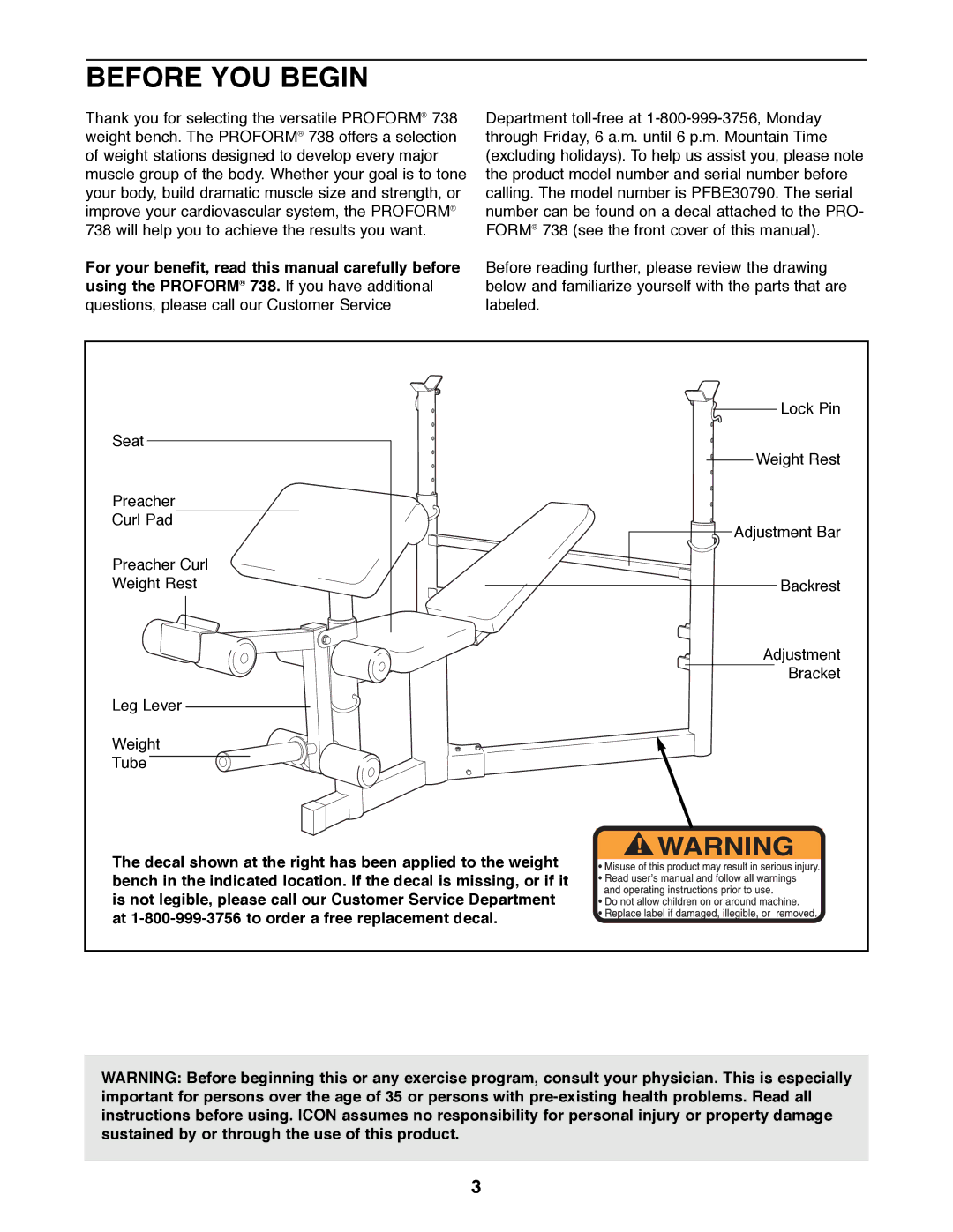 ProForm PFBE30790 user manual Before YOU Begin 