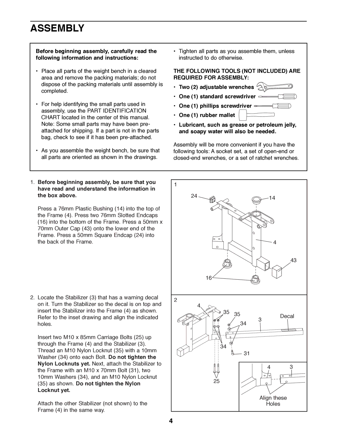 ProForm PFBE30790 user manual Following Tools not Included are Required for Assembly 