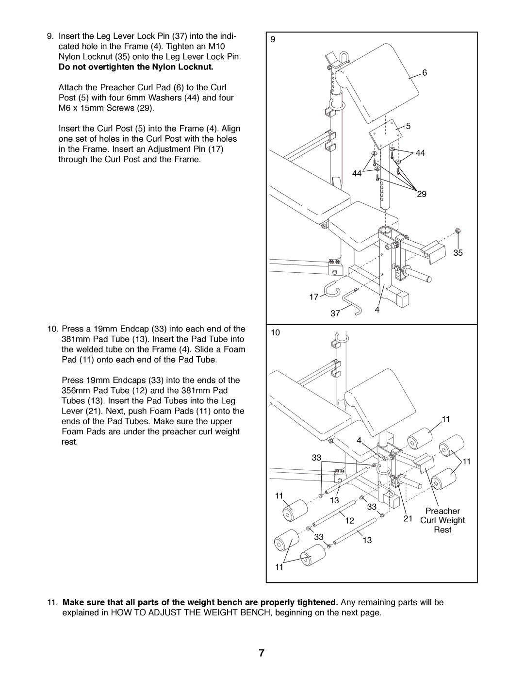 ProForm PFBE30790 user manual Do not overtighten the Nylon Locknut 