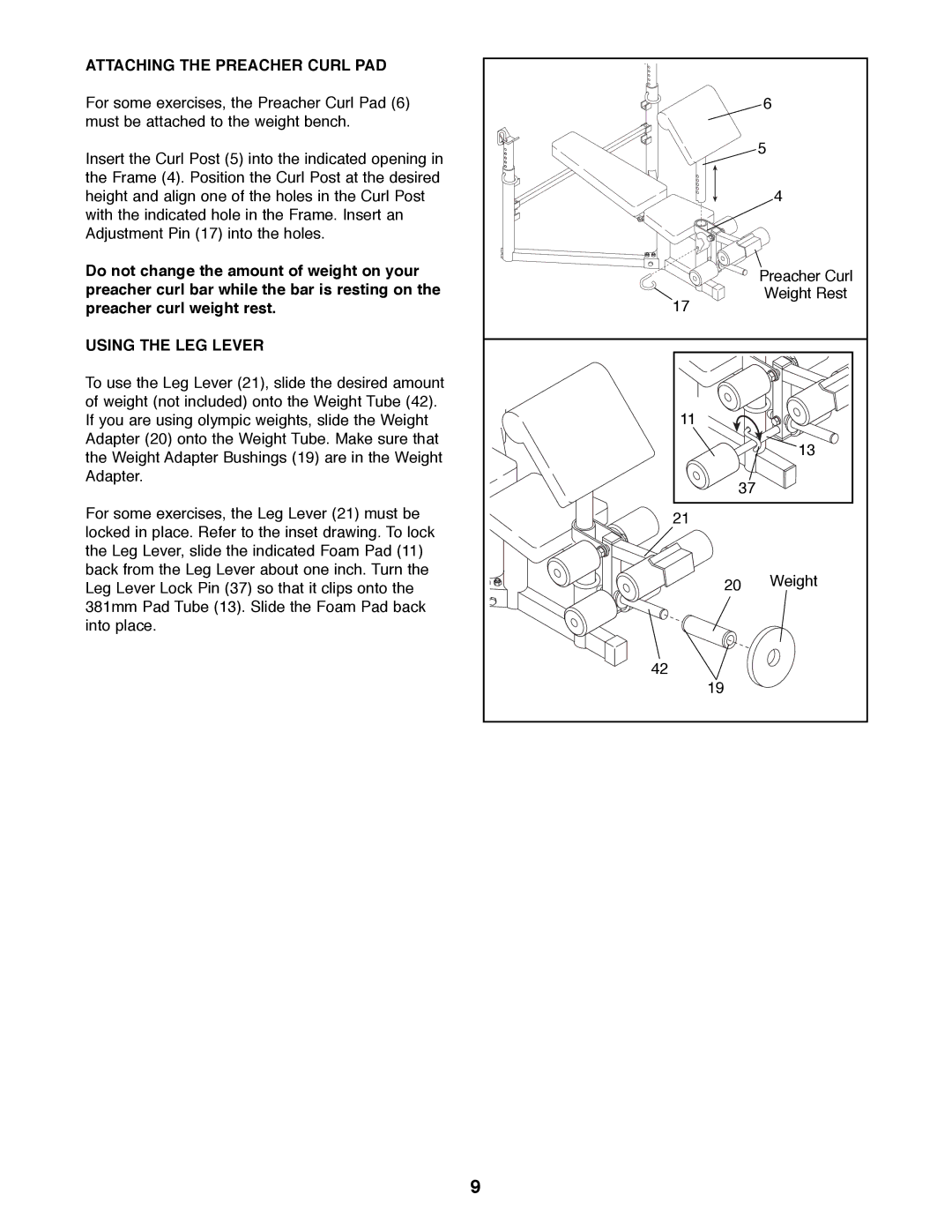 ProForm PFBE30790 user manual Attaching the Preacher Curl PAD, Using the LEG Lever 