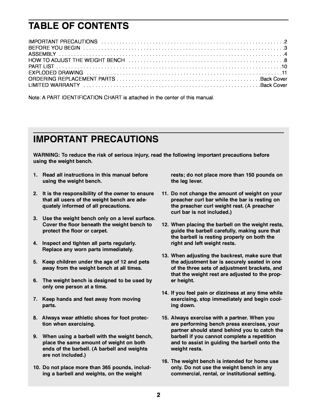 ProForm PFBE30790 user manual Table Of Contents, Important Precautions 