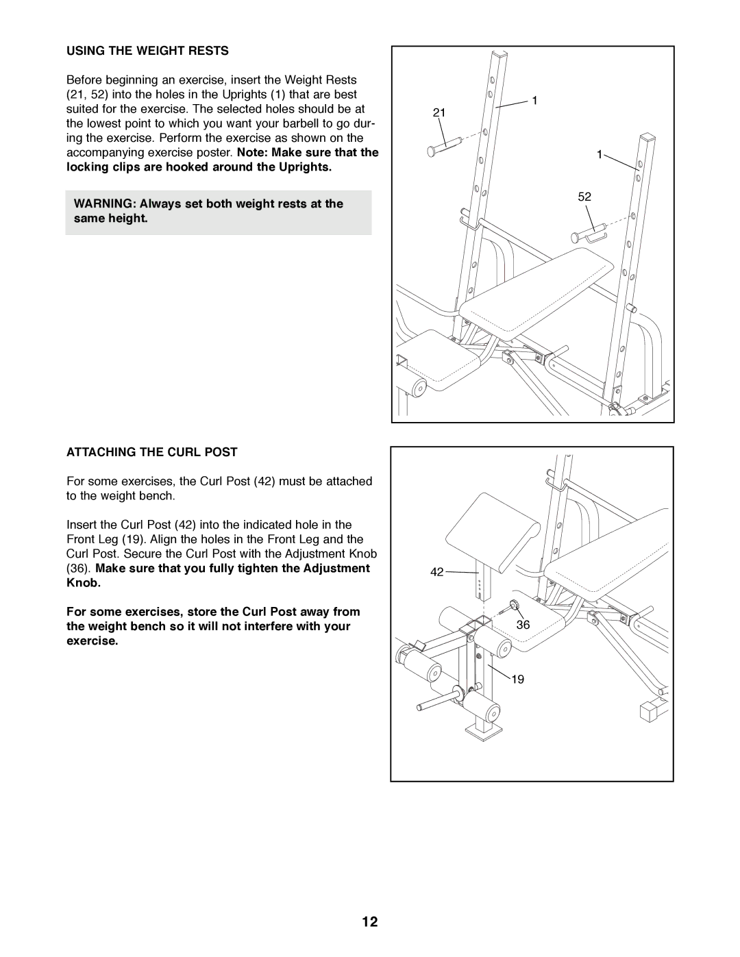 ProForm PFBE62290 manual Using the Weight Rests, Attaching the Curl Post 