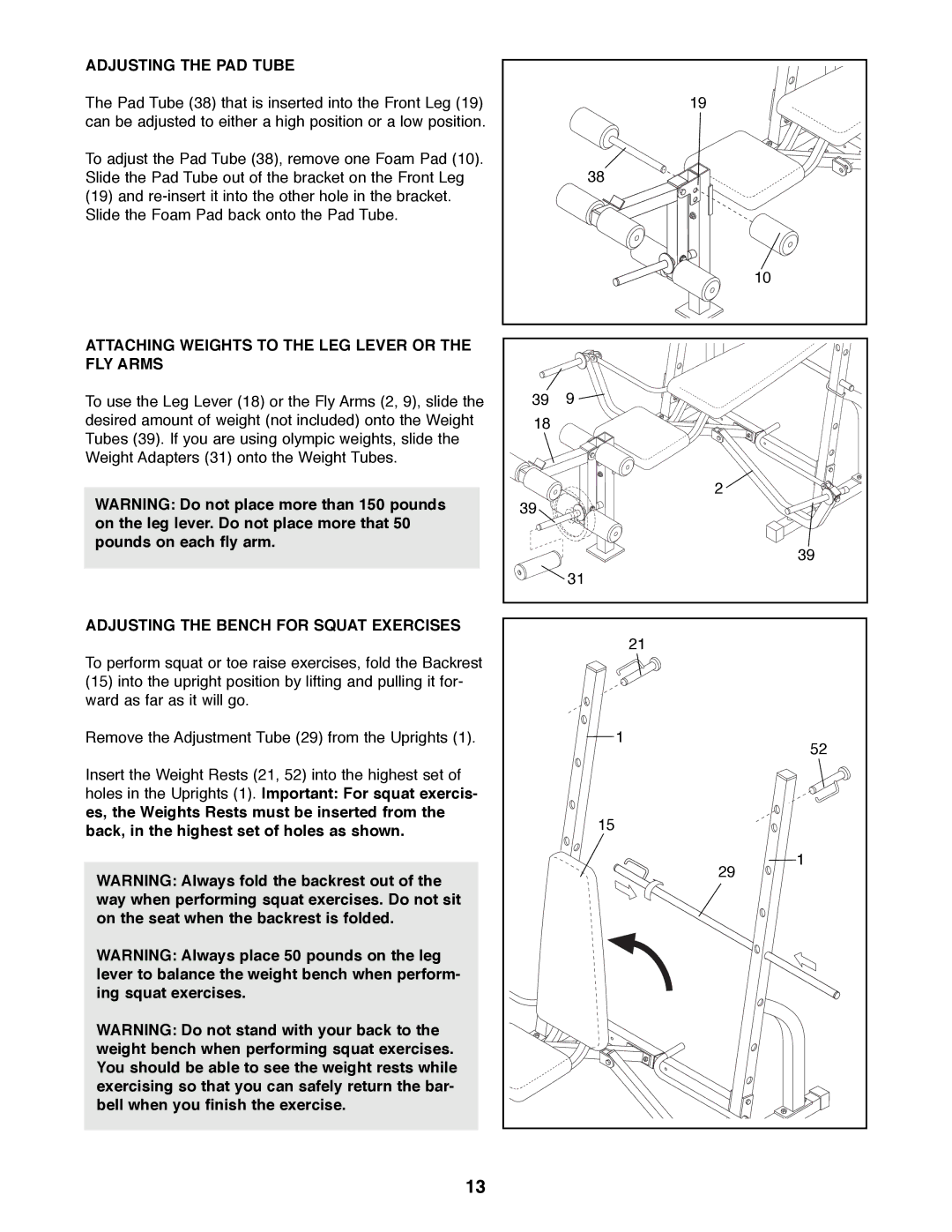 ProForm PFBE62290 manual Adjusting the PAD Tube, Attaching Weights to the LEG Lever or the FLY Arms 