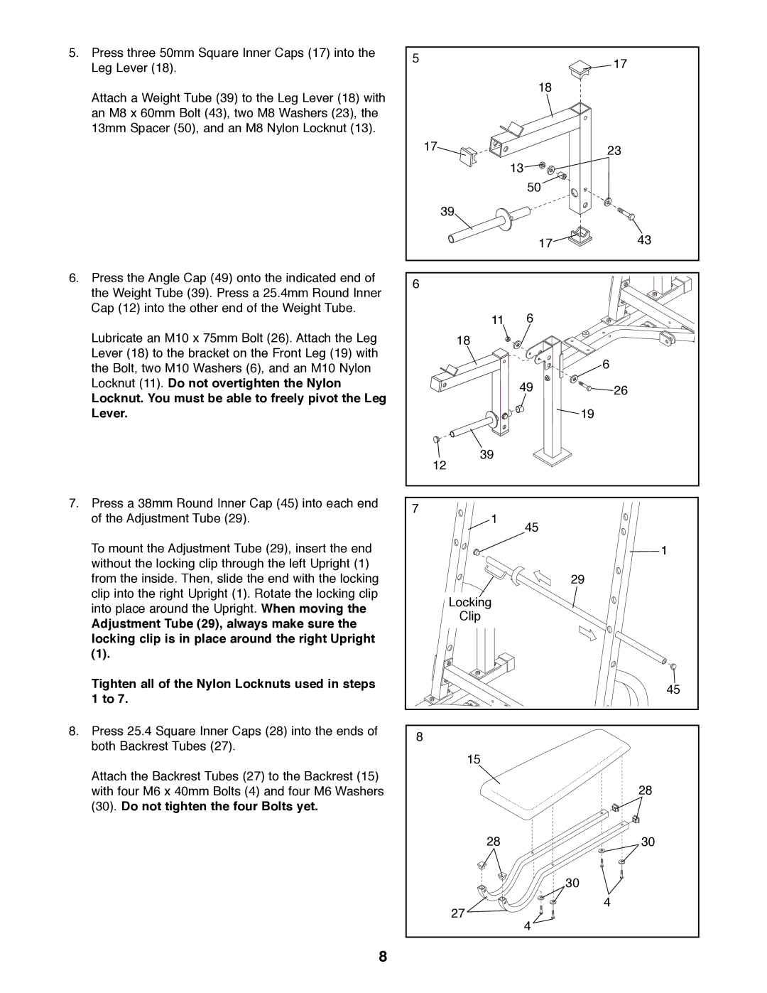 ProForm PFBE62290 manual Locknut. You must be able to freely pivot the Leg Lever 