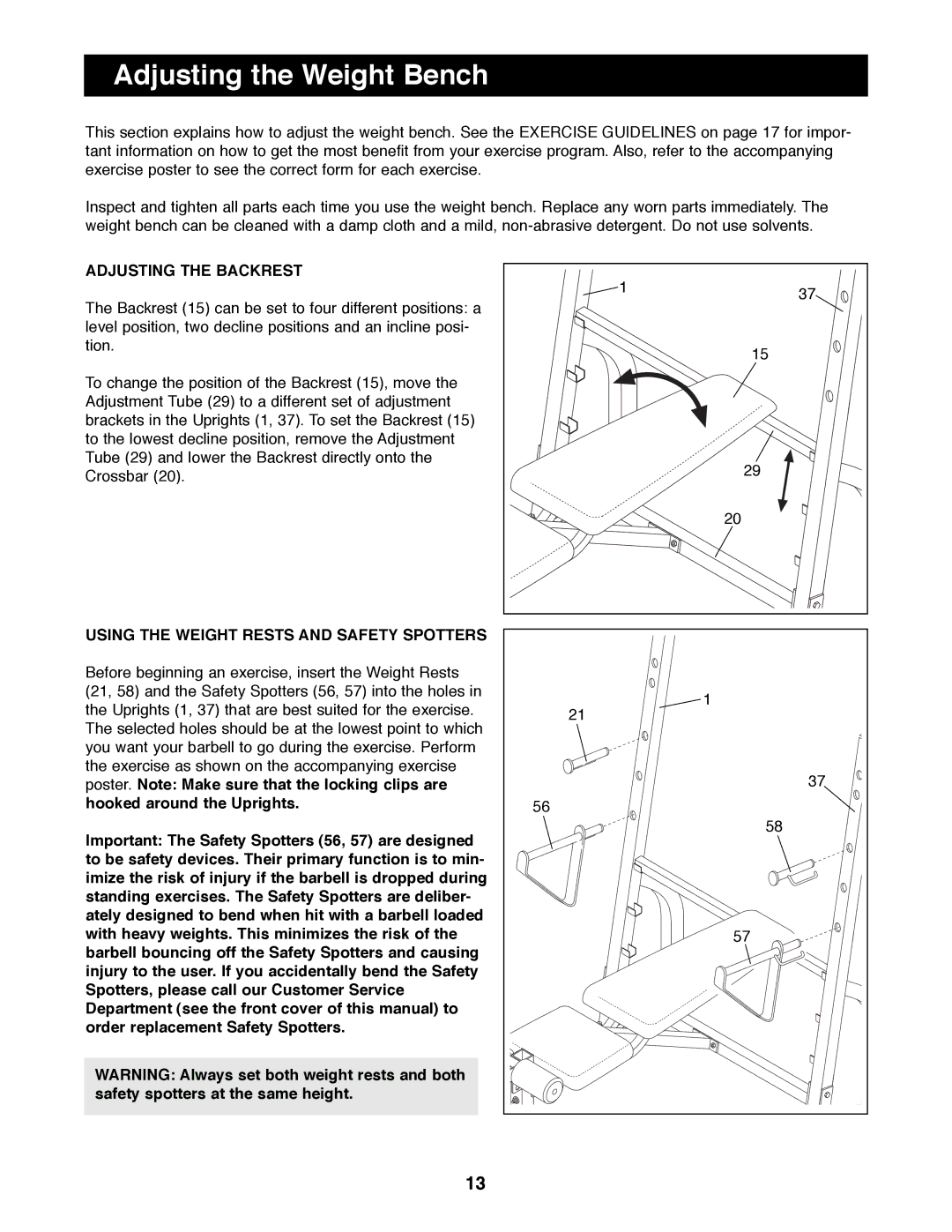 ProForm PFBE64490 manual Adjusting the Weight Bench, Adjusting the Backrest, Using the Weight Rests and Safety Spotters 