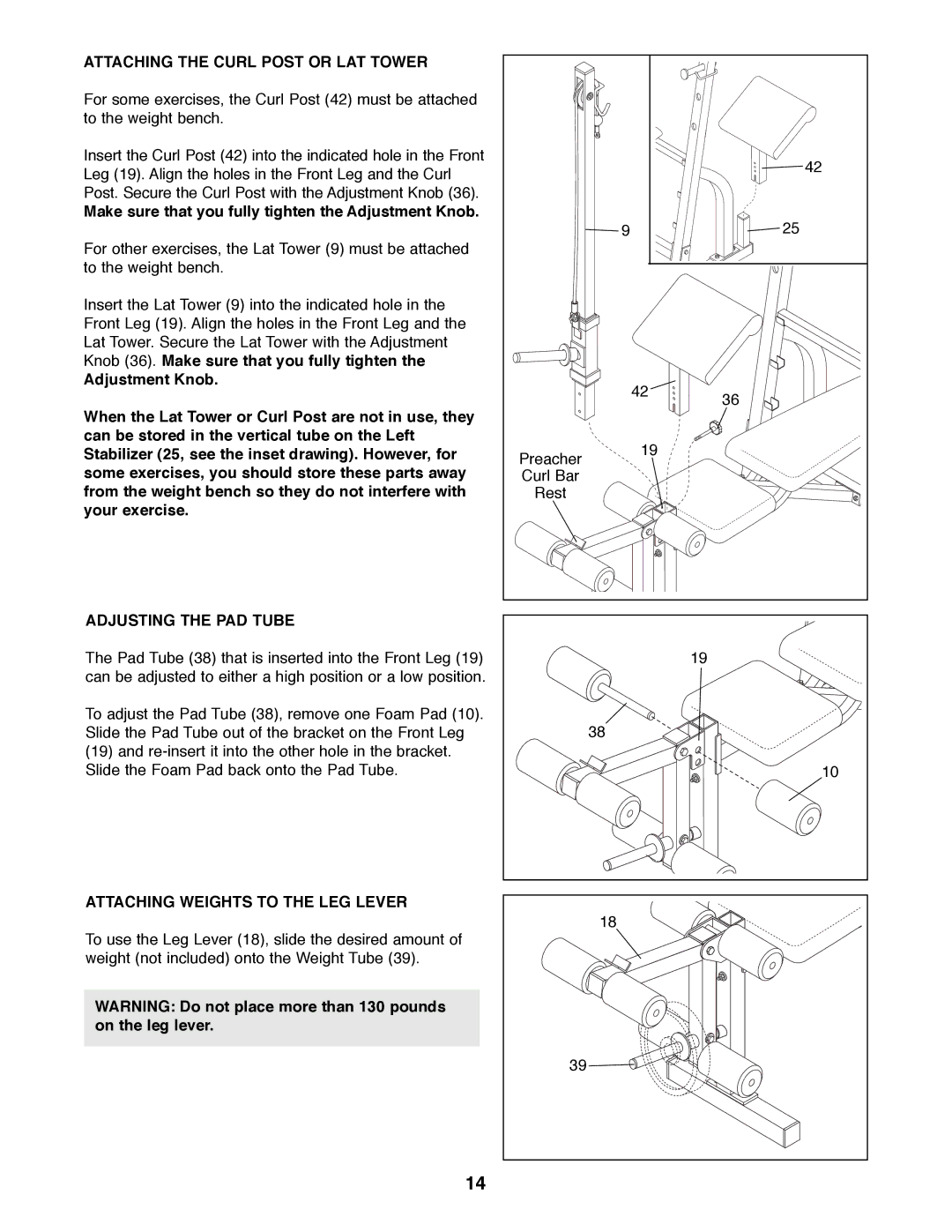 ProForm PFBE64490 manual Attaching the Curl Post or LAT Tower, Make sure that you fully tighten the Adjustment Knob 