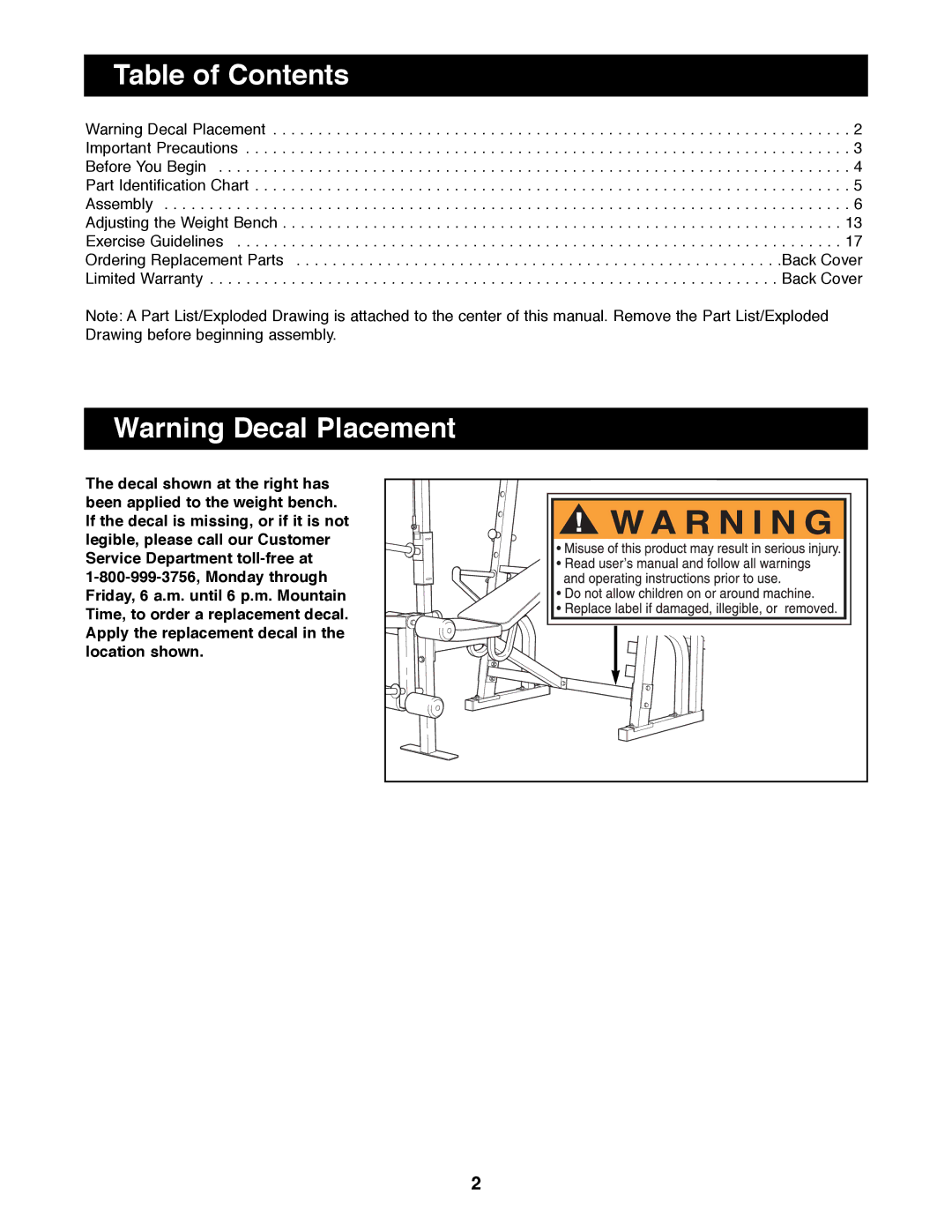 ProForm PFBE64490 manual Table of Contents 