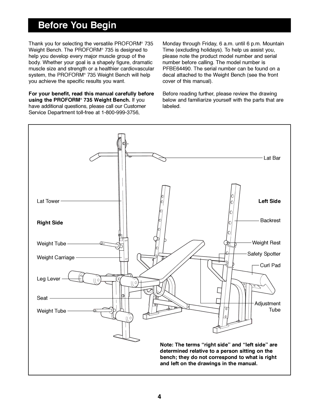 ProForm PFBE64490 manual Before You Begin, Left Side, Right Side 