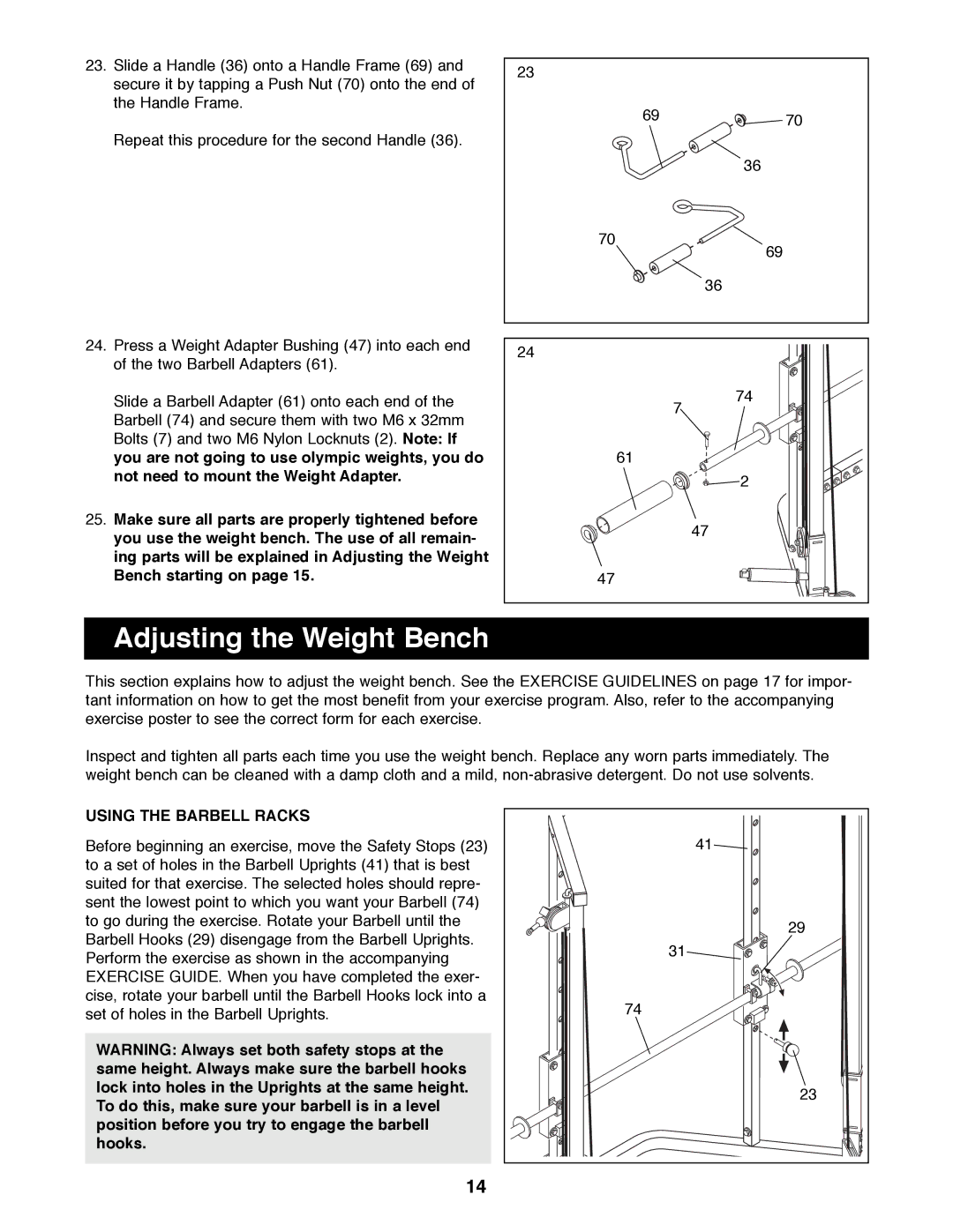 ProForm PFBE66080 manual Adjusting the Weight Bench, Using the Barbell Racks 