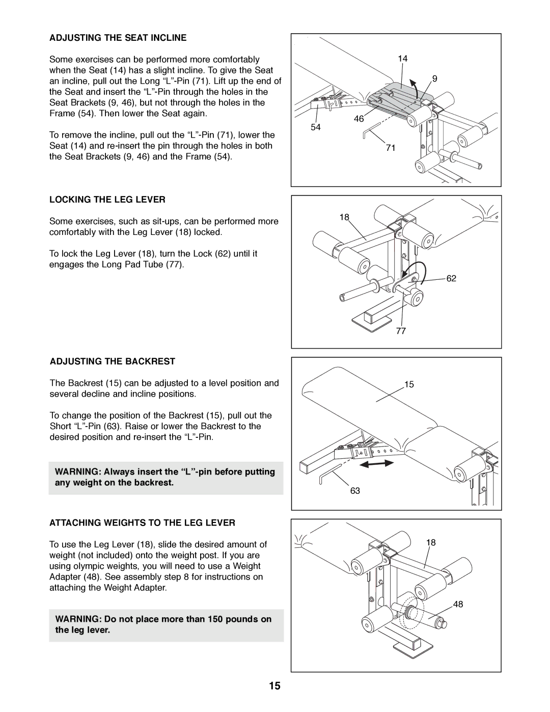 ProForm PFBE66080 manual Adjusting the Seat Incline, Locking the LEG Lever, Adjusting the Backrest 