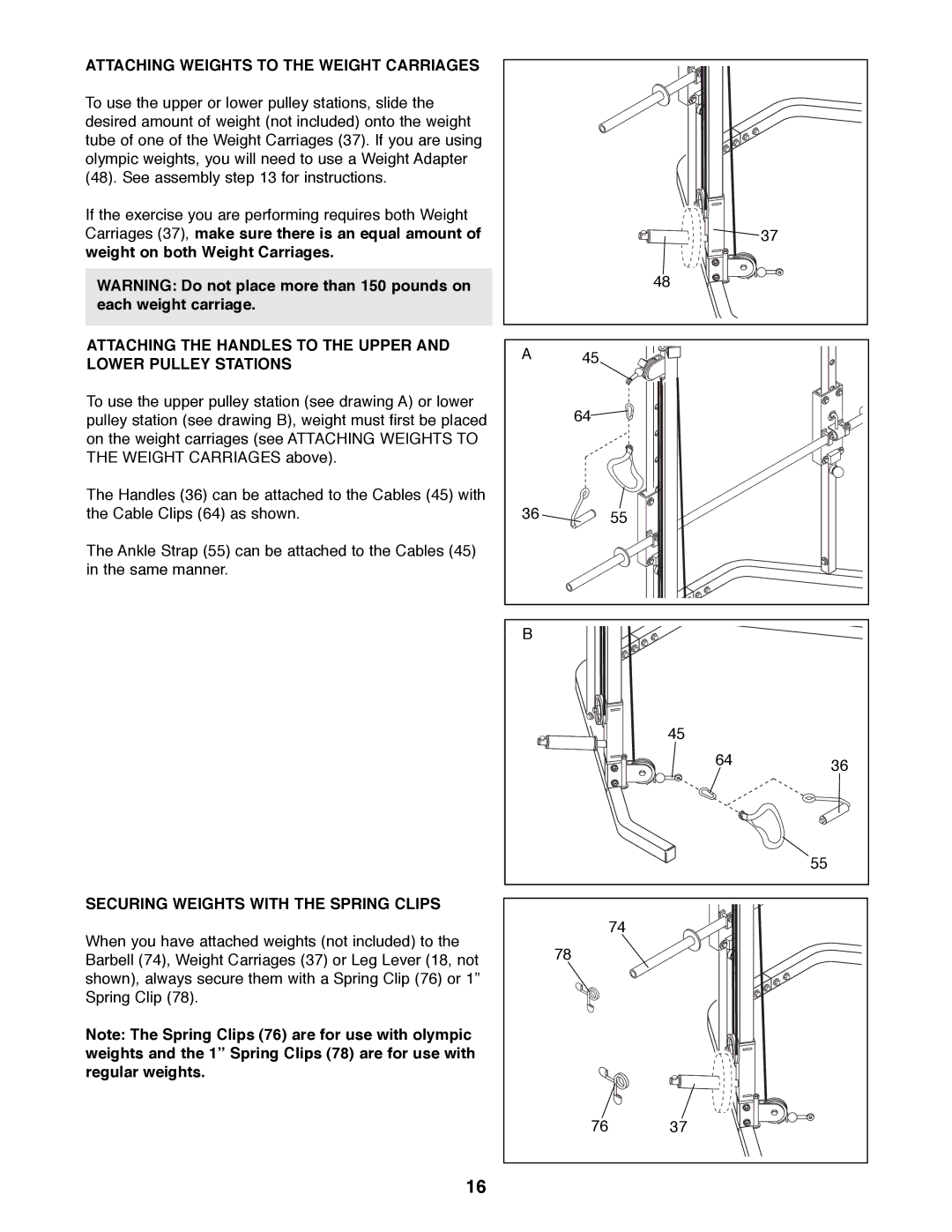 ProForm PFBE66080 manual Attaching Weights to the Weight Carriages, Securing Weights with the Spring Clips 