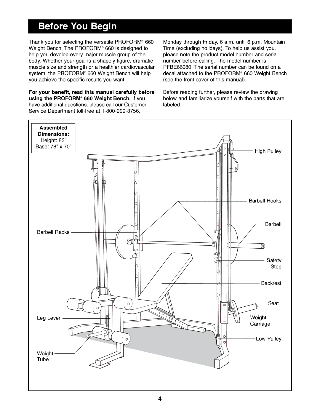 ProForm PFBE66080 manual Before You Begin, Assembled Dimensions 