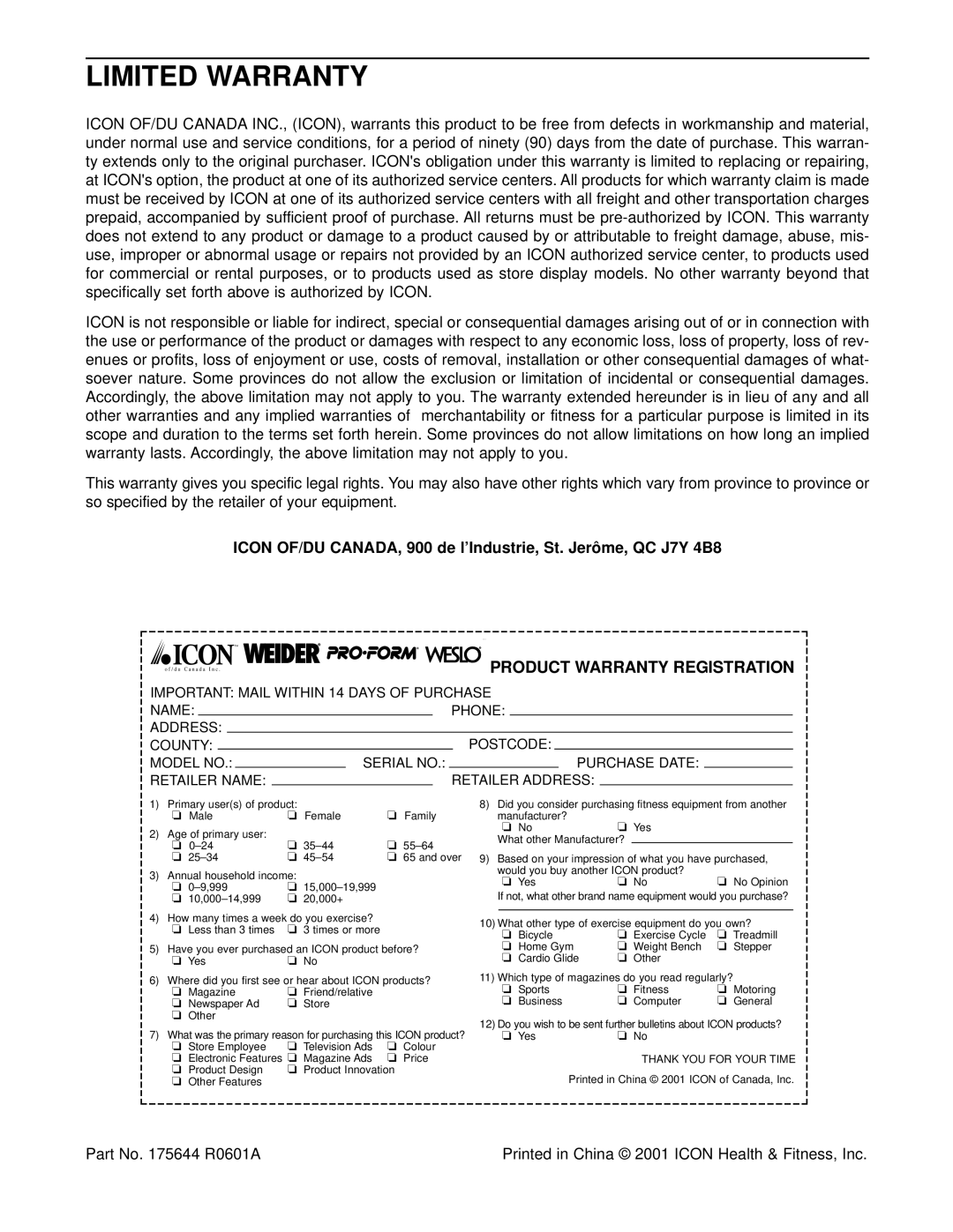 ProForm PFCCEL05900 user manual Limited Warranty, Part No R0601A 