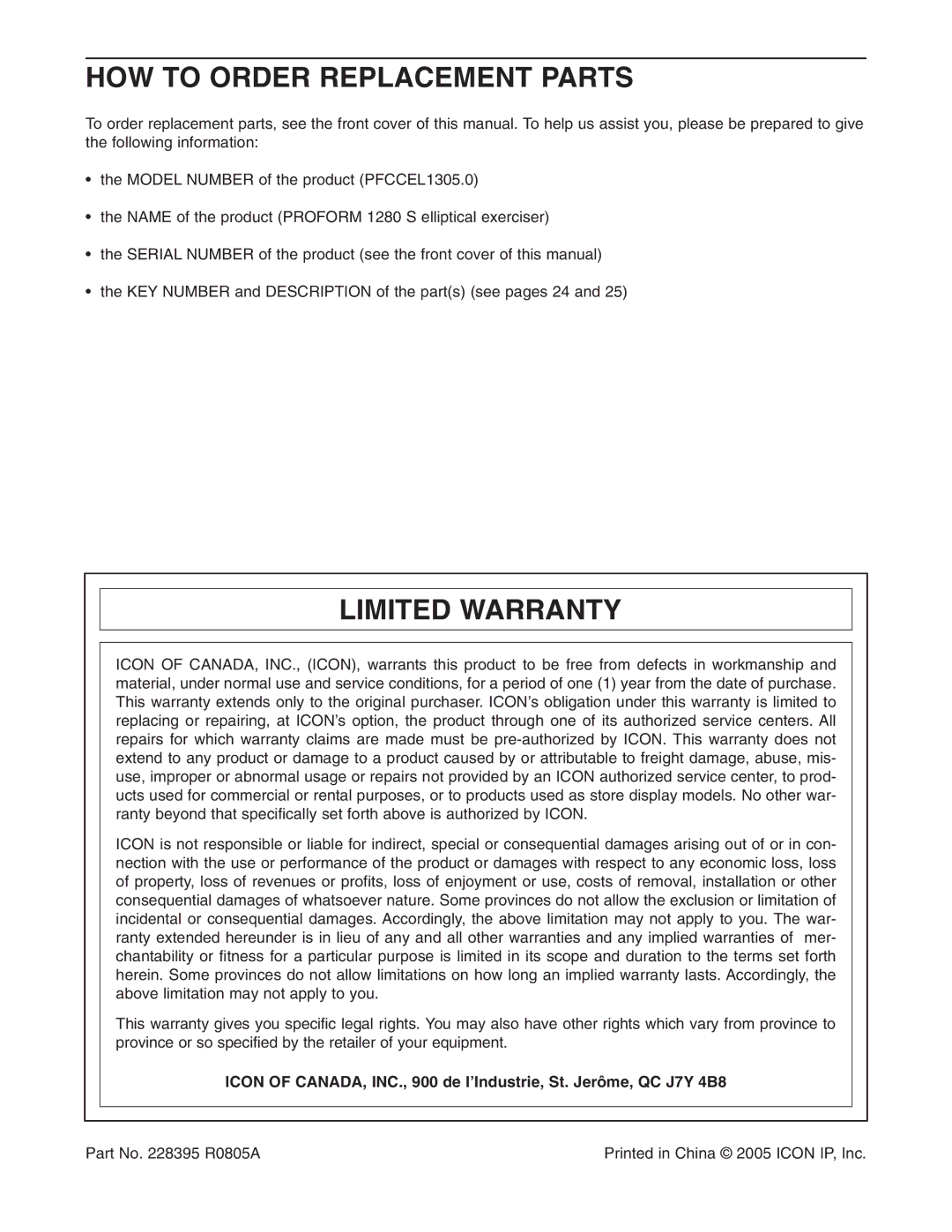 ProForm PFCCEL1305.0 user manual HOW to Order Replacement Parts, Limited Warranty 