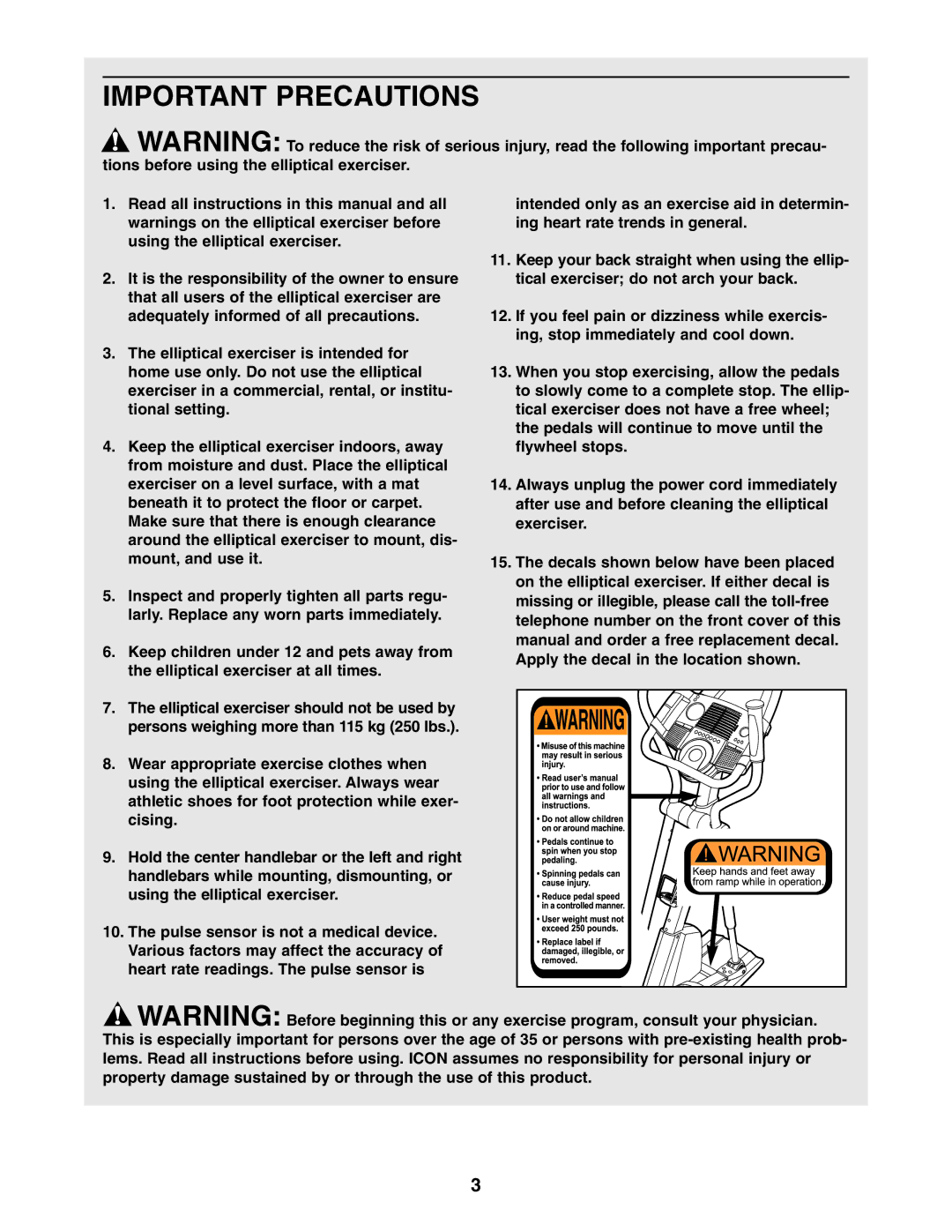 ProForm PFCCEL1305.0 user manual Important Precautions 