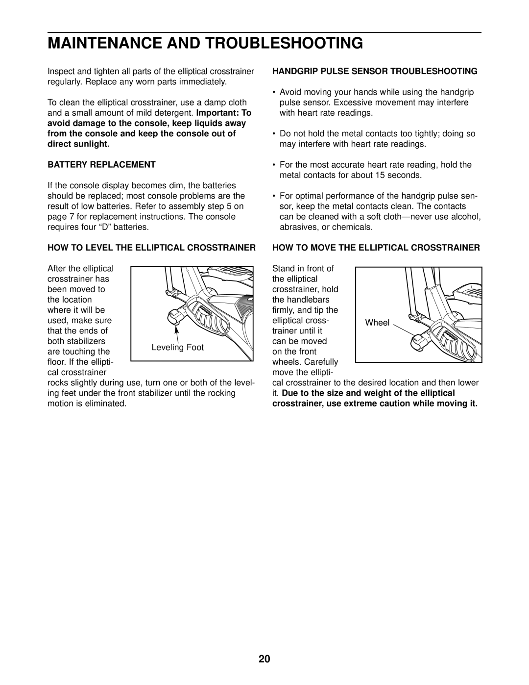 ProForm PFCCEL39013 Maintenance and Troubleshooting, Battery Replacement, HOW to Level the Elliptical Crosstrainer 