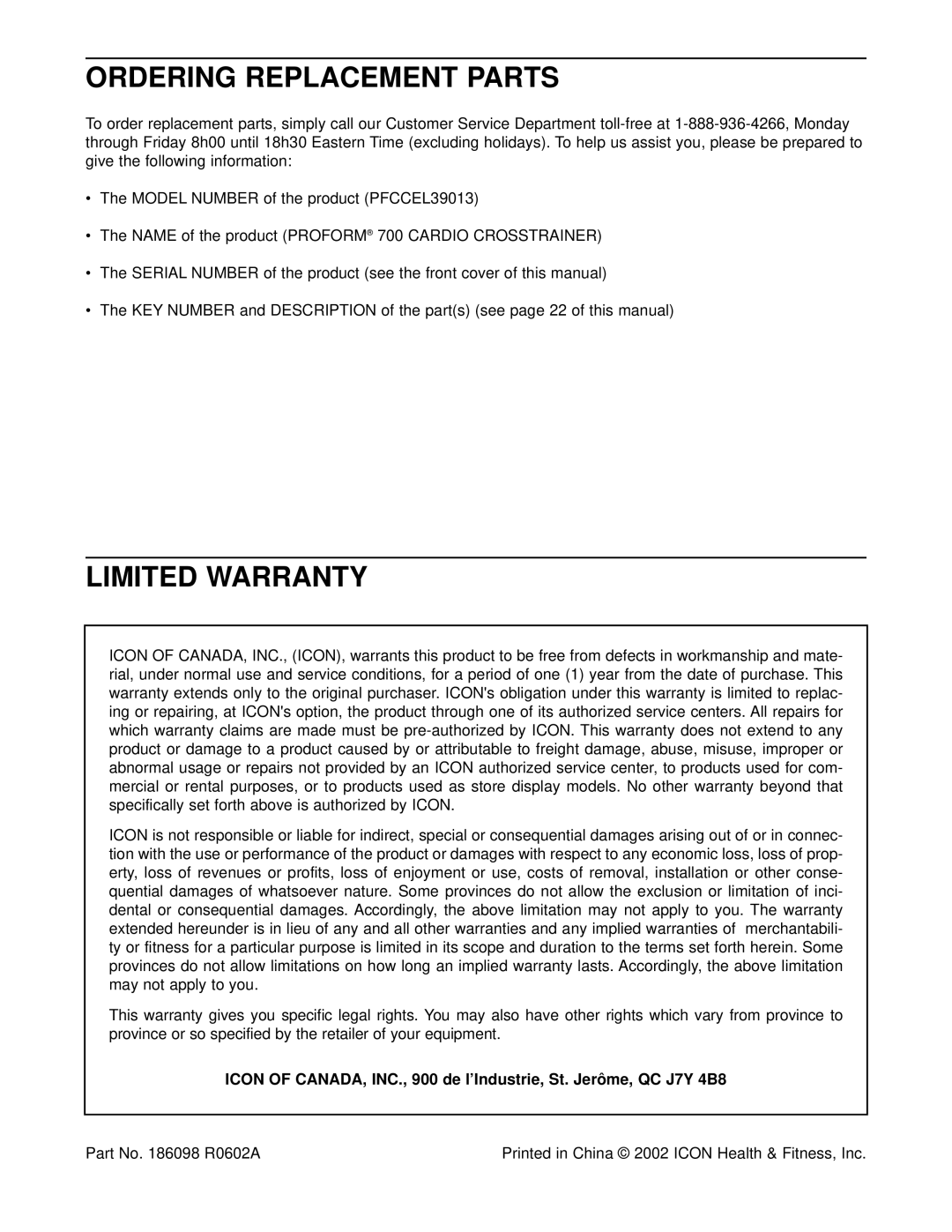 ProForm PFCCEL39013 user manual Ordering Replacement Parts, Limited Warranty 